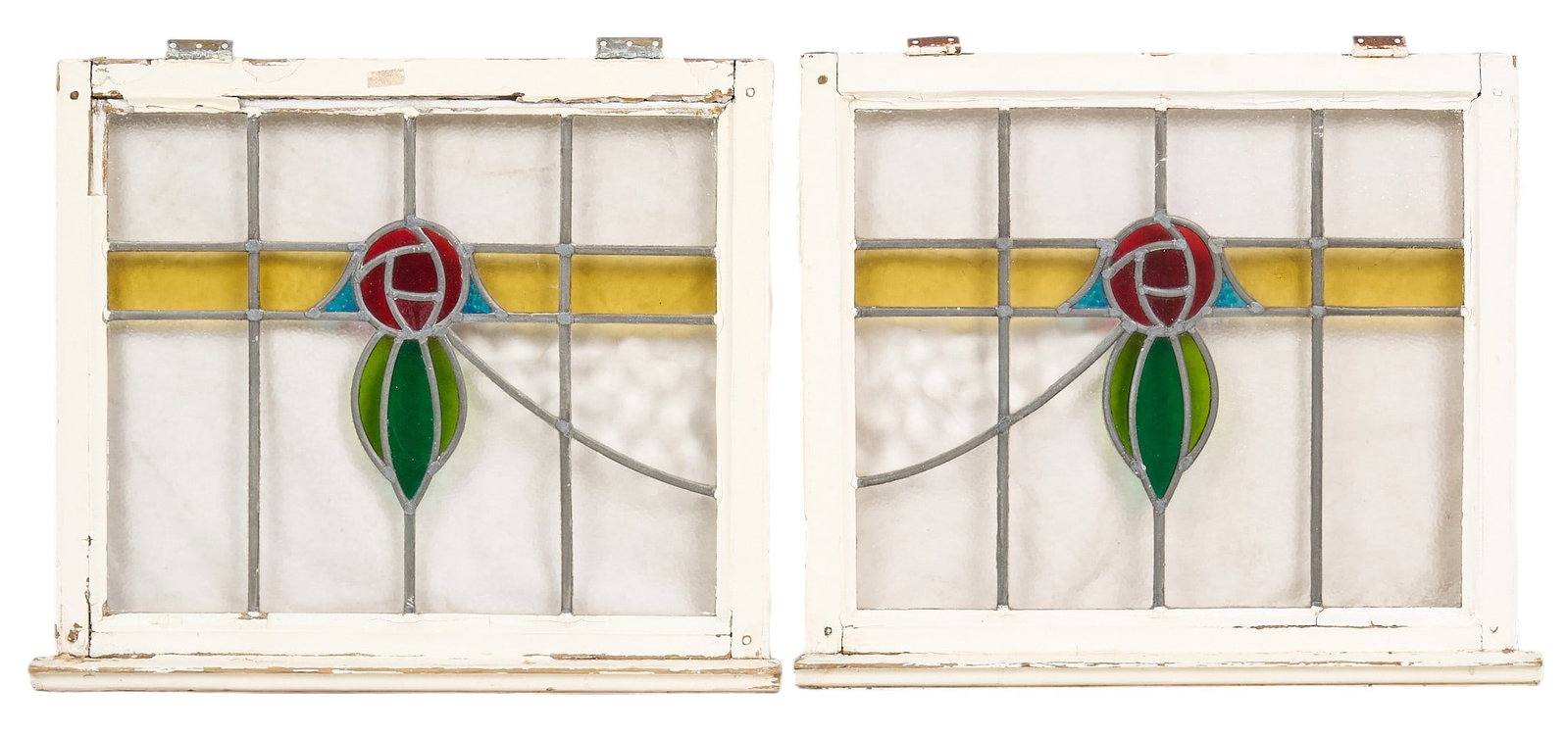 (2) Stained Glass Panels: Pair of vintage stained glass windows in painted wooden frames height 25 in. x width 27 in. x depth 2 in. Provenance: Property from a home in San Antonio, Texas