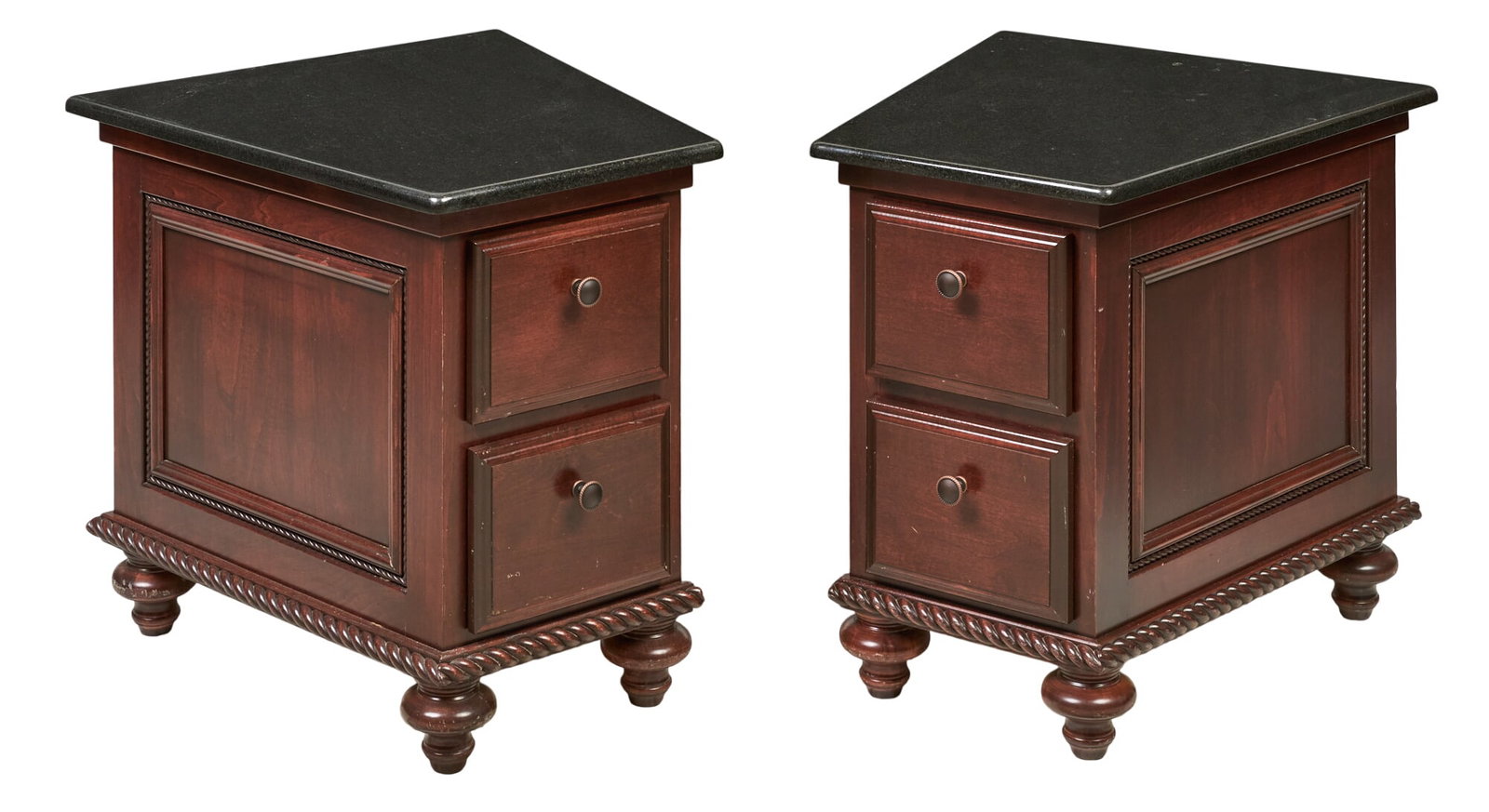 Pair of Marble Top Nightstands: Pair of marble top nightstands with drawers and turned feet height 24 in. x width 23 in. x depth 25 in. / each Provenance: Property from the Estate of Robert A. "Bob" Funk Sr. -