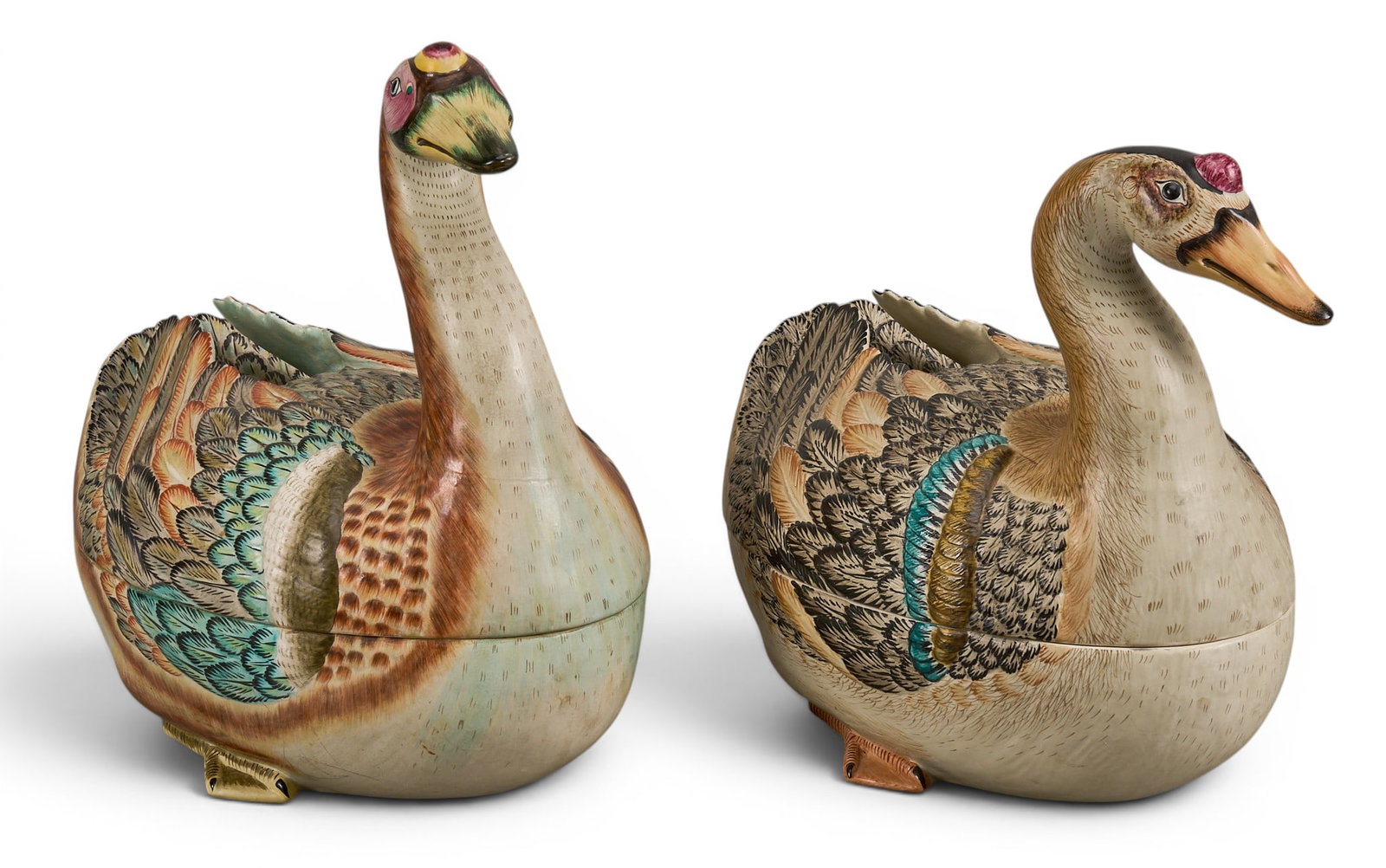 (2) Mottahedeh Goose Tureens: Two Italian Mottahedeh porcelain goose tureens with covers height 15 in. x width 8.5 in. x depth 13.5 in. / largest Provenance: Property from a home in San Antonio, Texas
