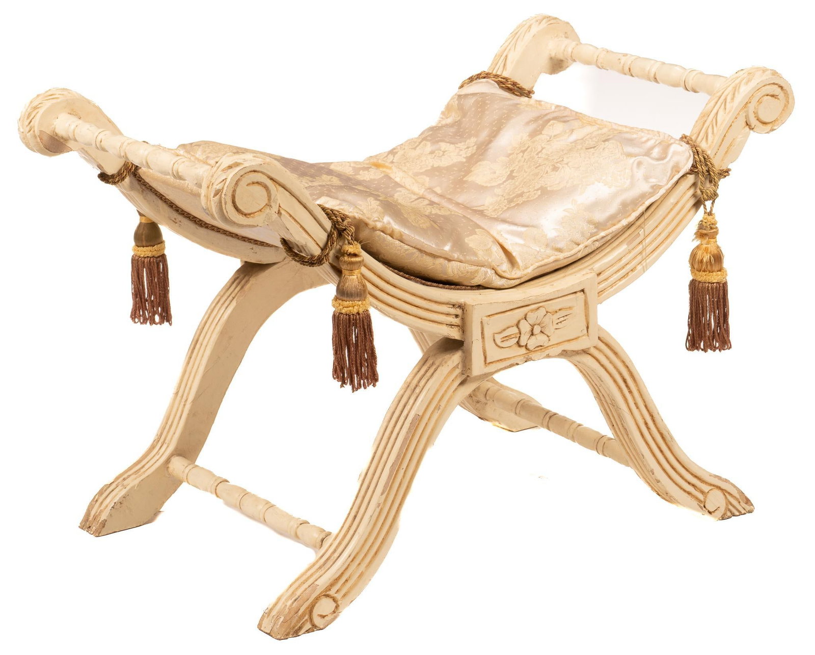 French Empire Style Savonarola Stool: French Empire style savonarola stool with removable embroidered silk cushion secured to X-frame with oversize tassels height 21.5 in. x width 30.5 in. x depth 21 in. Provenance: