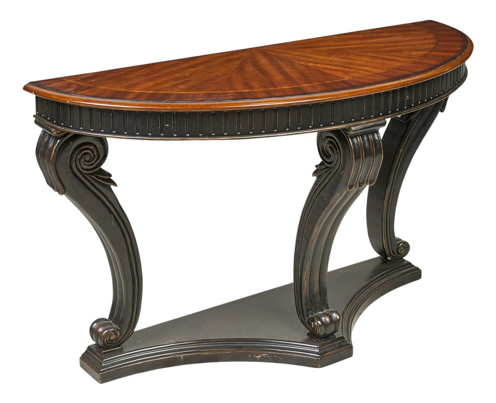 Console Table: Demilune console table with scrolled legs height 34 in. x width 58 in. x depth 42 in. Provenance: Property from the Estate of Robert A. "Bob" Funk Sr. - trailblazing American
