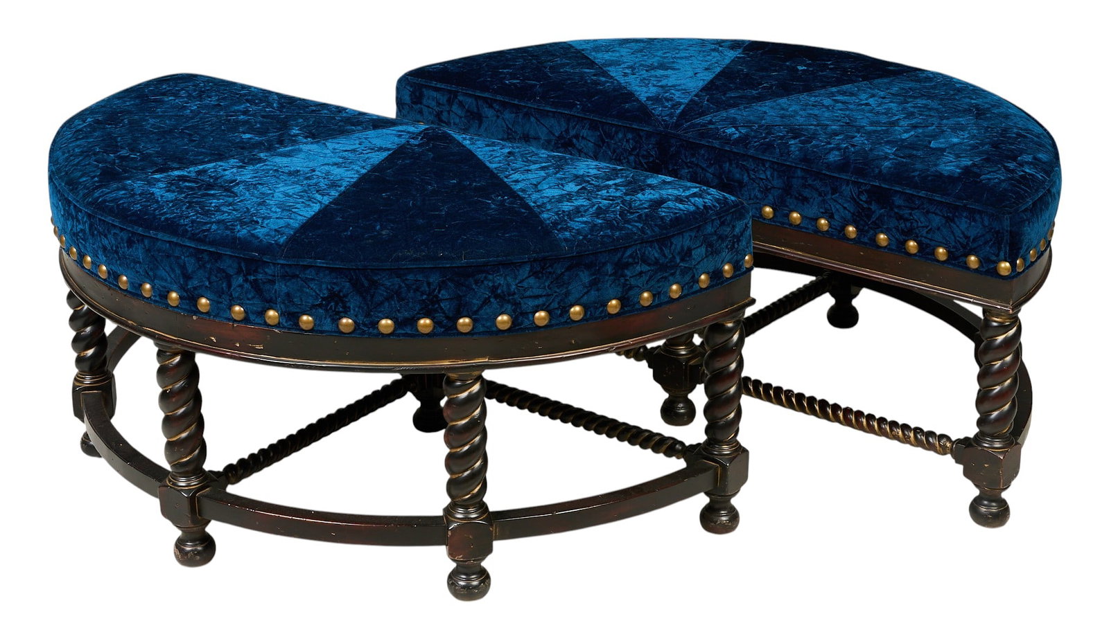 (2) Blue Velvet Demilune Ottomans: Pair of demilune ottomans with barley twist legs, and blue velvet upholstery with nail trim height 21 in. x width 25 in. x depth 50 in. / each diameter when together 50 in. Provenance: