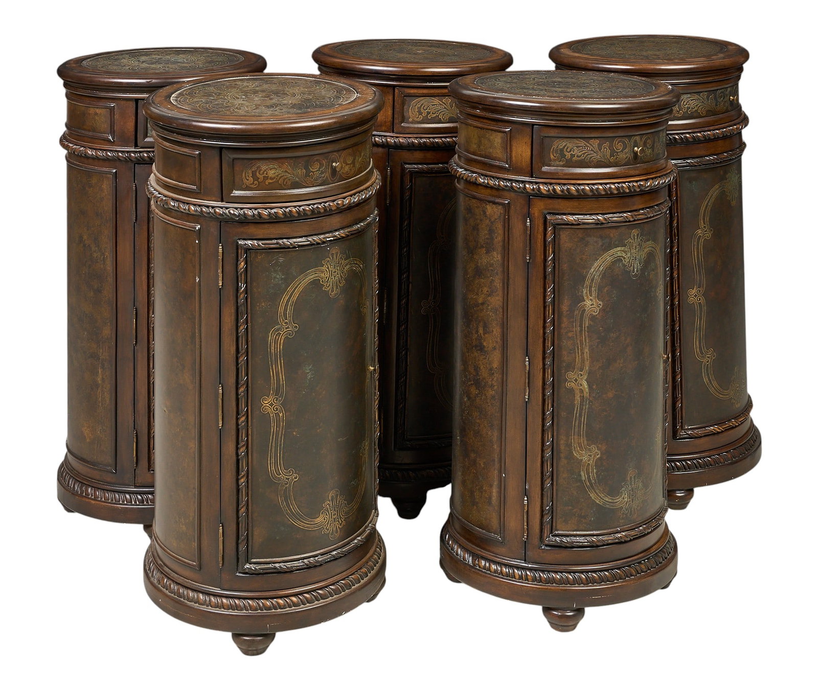 (5) Pedestal Cabinets: Set of five cylindrical pedestals with cabinet storage height 38 in. x width 18 in. x depth 18 in. / each Provenance: Property from the Estate of Robert A. "Bob" Funk Sr. - trailblazing