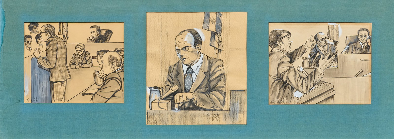 Jacqui von Honts, Watergate Trials Courtroom Art: Jacqui von Honts (Texas, 1936-2011), three courtroom sketches of the Watergate Trial, each being ink and gouache on paper, each signed, framed all together; depicting Nixon's lawyer John