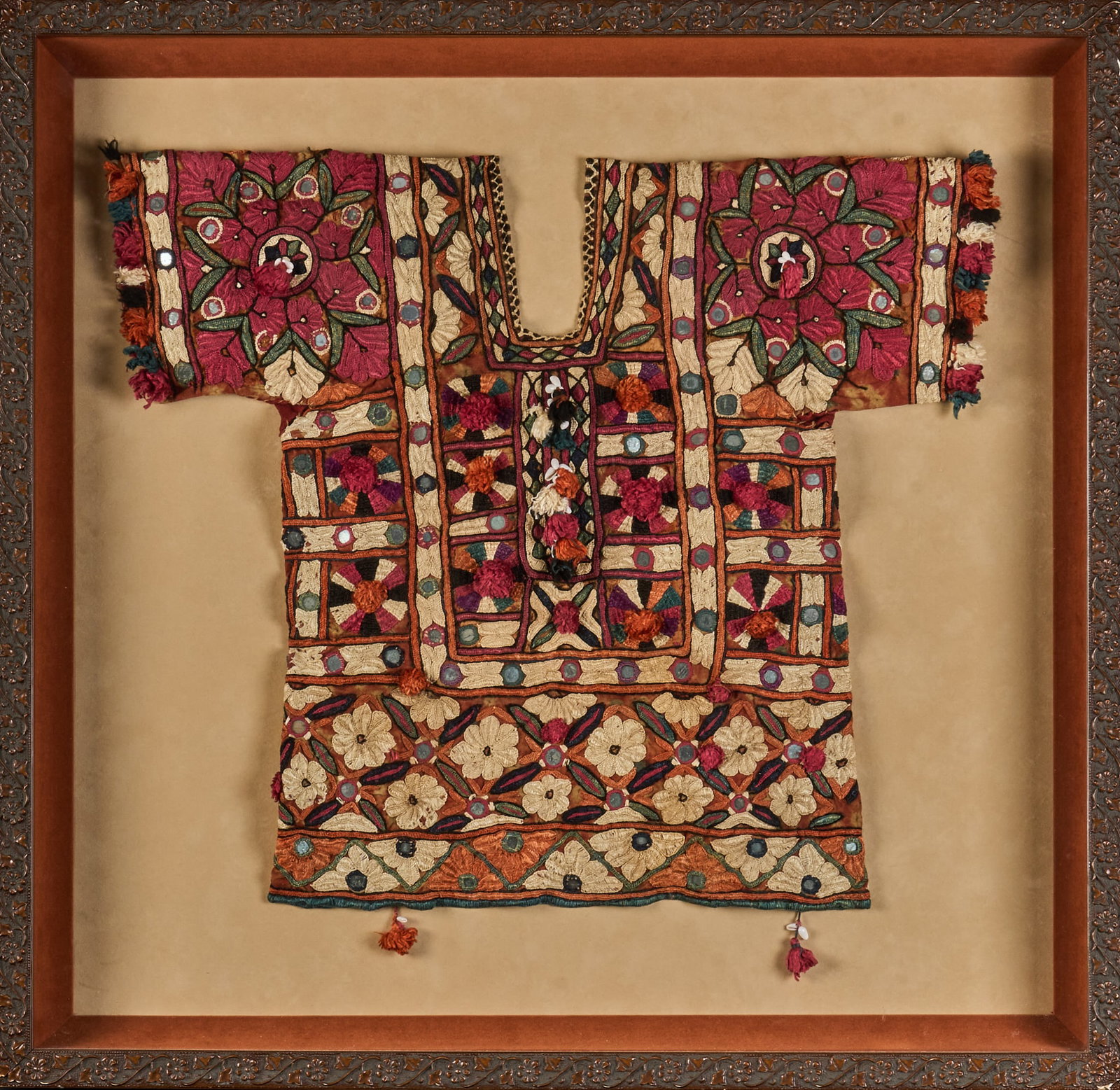 Embroidered Indian Child's Blouse: Vintage hand-woven Indian child's blouse in shadow box height 28 in. x width 27 in. Provenance: Property from a home in San Antonio, Texas