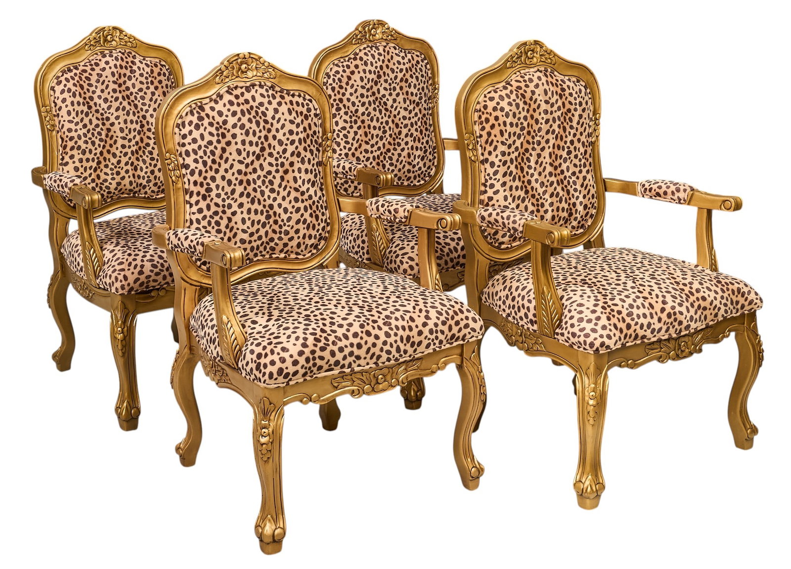 (4) Louis XV Style Chairs: Set of four Louis XV style fauteuil armchairs with gold-painted wooden frames and cheetah print upholstery height 41 in. x width 24 in. x depth 26 in. / each Provenance: Property from the