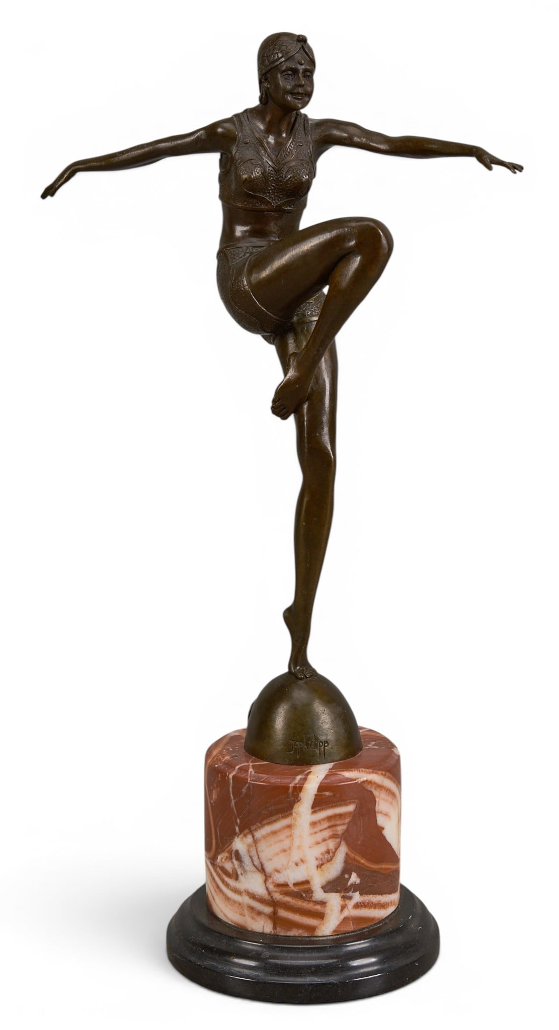 After J. Philipp, Deco Dancer: After Johann Philipp Ferdinand Preiss (Germany, 1882-1943), female dancer, recast bronze sculpture atop stone base, with foundry stamp reading "Bronze Garanti Paris J B Deposee" height 22