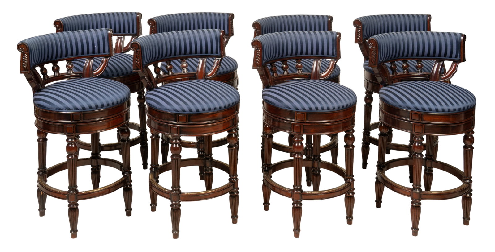 (8) Camerin Bar Stools: Set of eight Camerin barstools with striped blue upholstery height 40 in. x width 22 in. x depth 25 in. / each Provenance: Property from the Estate of Robert A. "Bob" Funk Sr. -