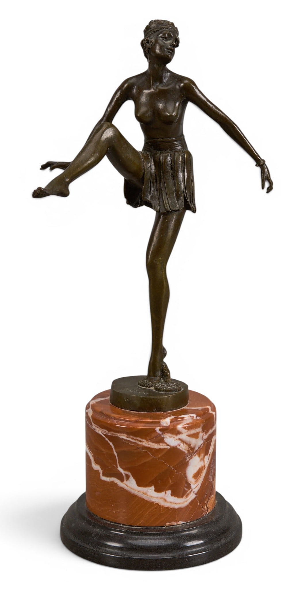 After Dominique Alonzo, Bronze Dancer: After Dominique Alonzo (France, active 1910-1930), female dancer, recast bronze sculpture atop stone base, with foundry stamp reading "Bronze Garanti Paris J B Deposee" height 19
