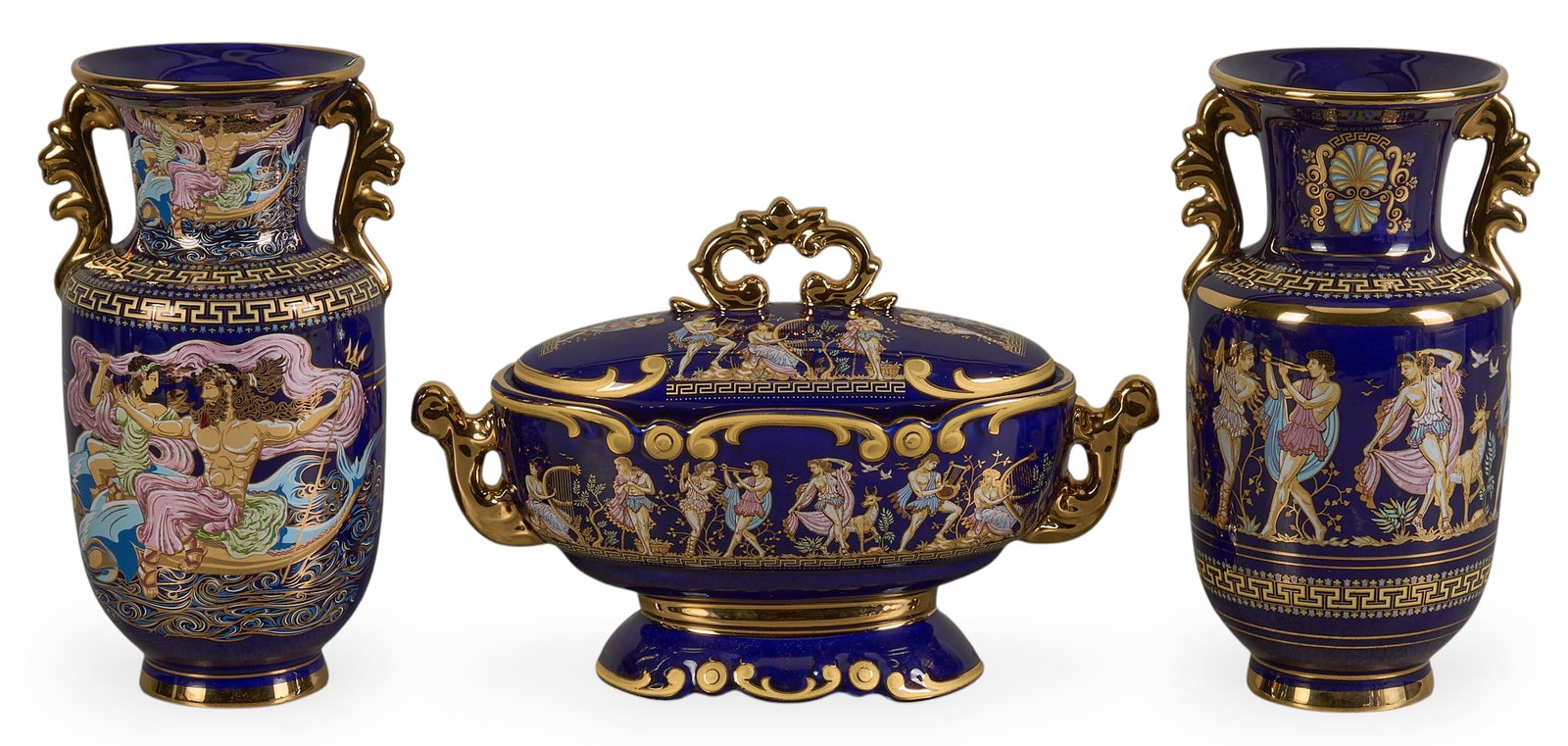 Three-Piece Grecian Glass Set: Three piece decorative Grecian ceramics, with pair of decorative ceramic vases and bowl with Greek motifs and gold accents height 11.5 in x width 6 in. x depth 5.5 in. / largest 