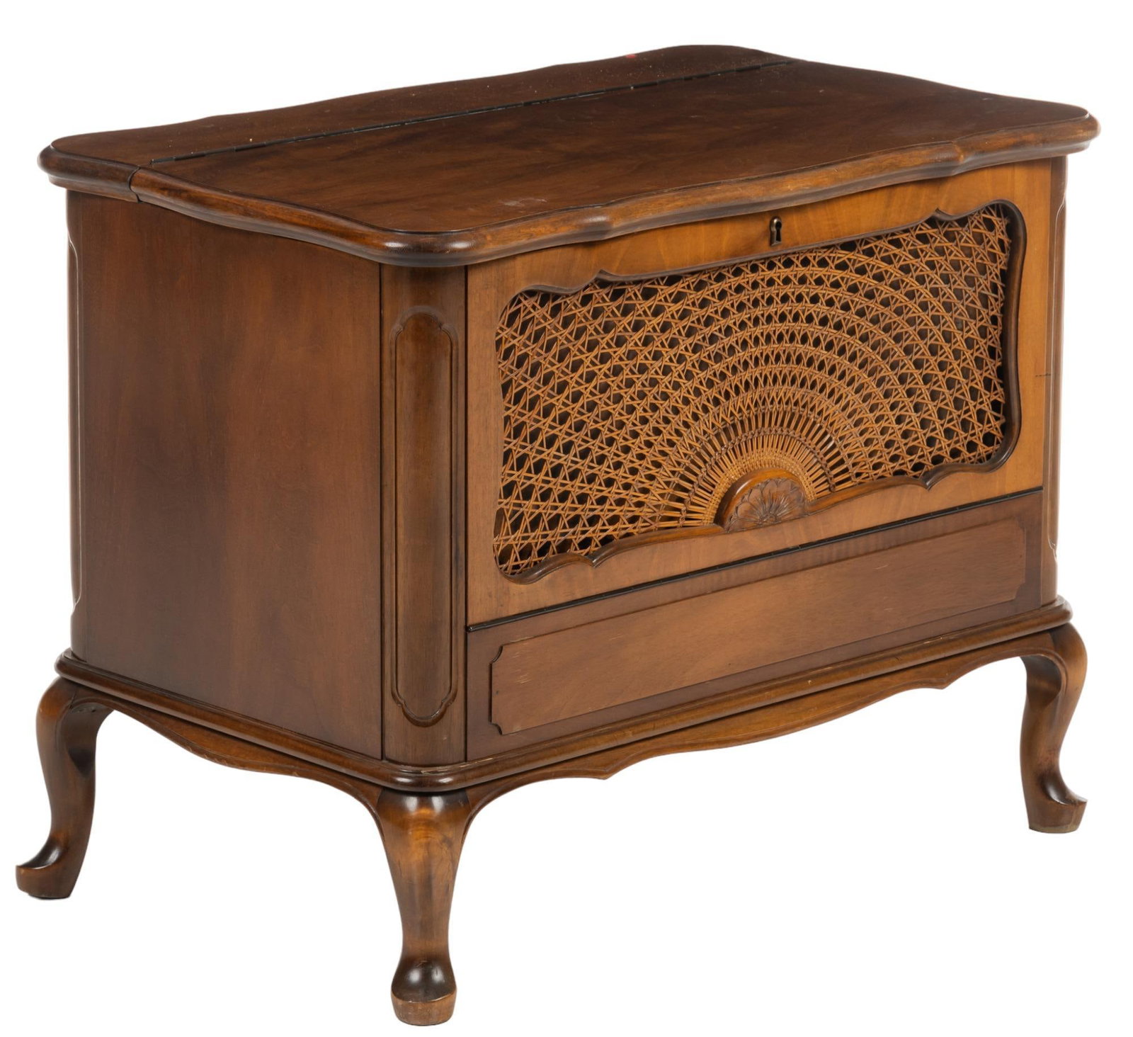 Louis XV Style Bar Cabinet: Louis XV style bar cabinet, with hinged top revealing interior storage, with removable enameled metal lining and canework front, supported on cabriole legs height 24 in. x width 30.75 in. 