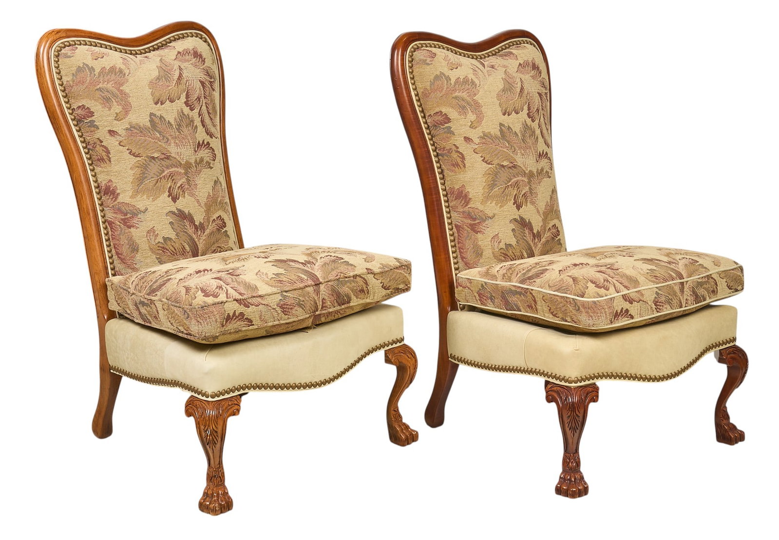 Pair of French Provincial Style Chairs: Pair of upholstered French provincial style parlor chairs with carved lion claw legs height 44 in. width 27 in. x depth 32 in. / each Provenance: Property from the Estate of Robert A. "Bob"