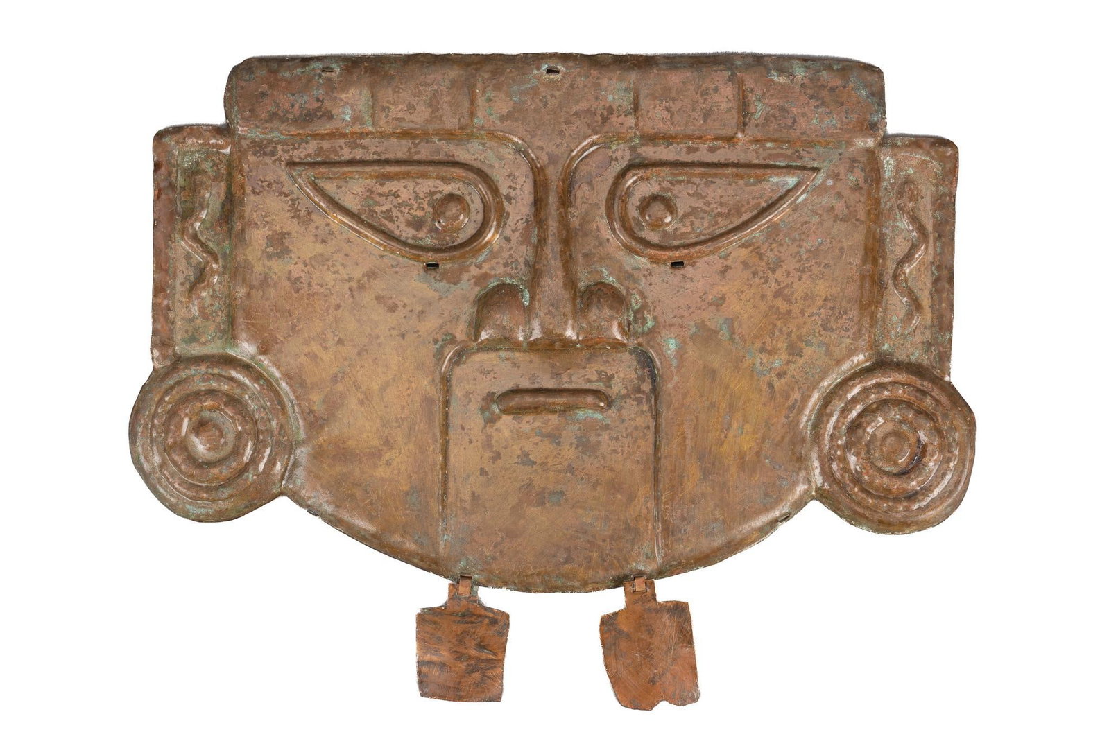 Pre-Columbian Style Funerary Mask: Pre-Columbian style hammered copper funerary mask in the style of Lambayeque height 11 in. x width 14.5 in. Provenance: Property from a home in San Antonio, Texas 