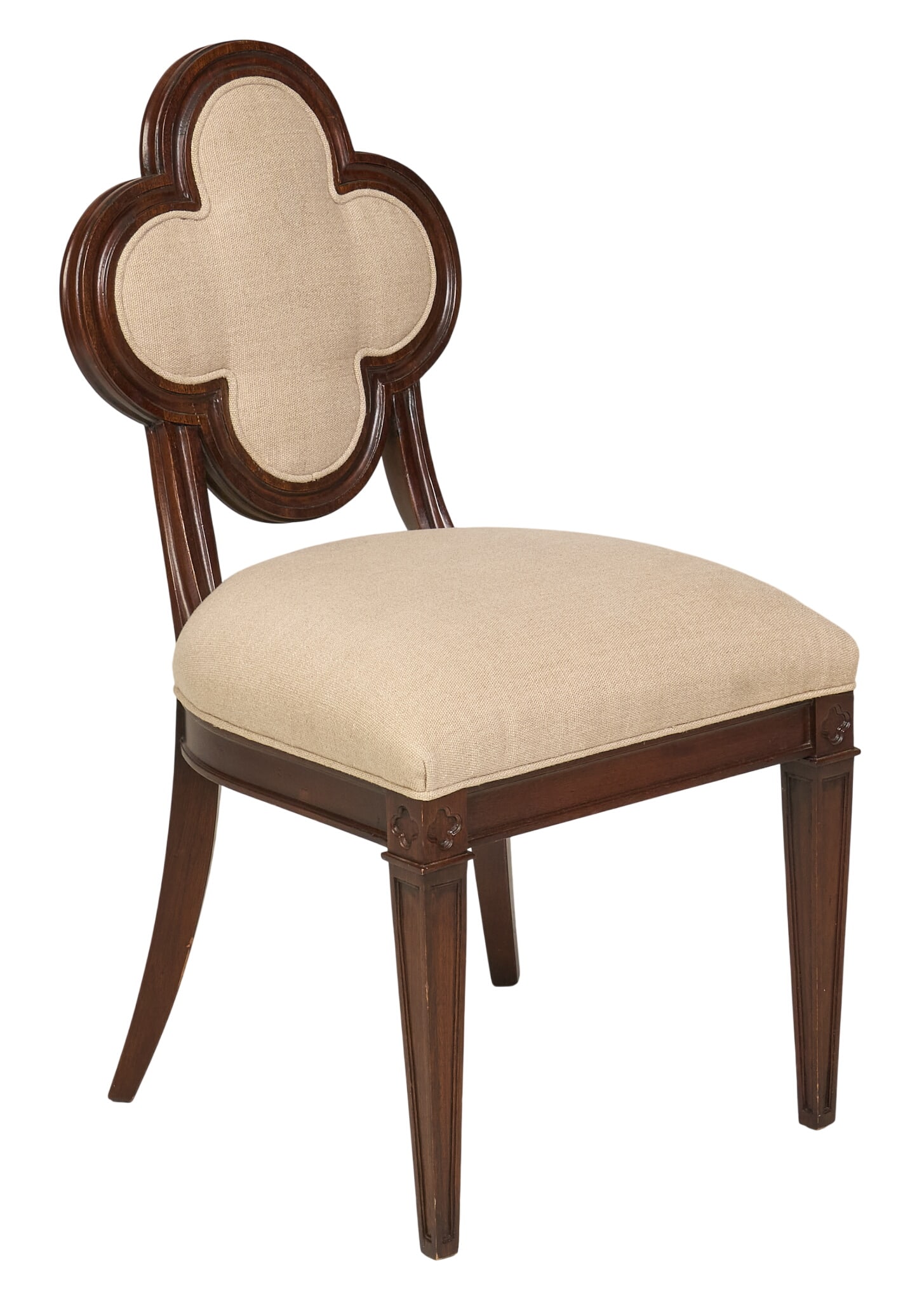 Alexandra Dining Side Chair: Hickory Chair Alexandra dining side chair, designed by Suzanne Kasler, with clover / quatrefoil-shaped back motif height 34 in. x width 18.5 in. x depth 22 in. Provenance: Property from a