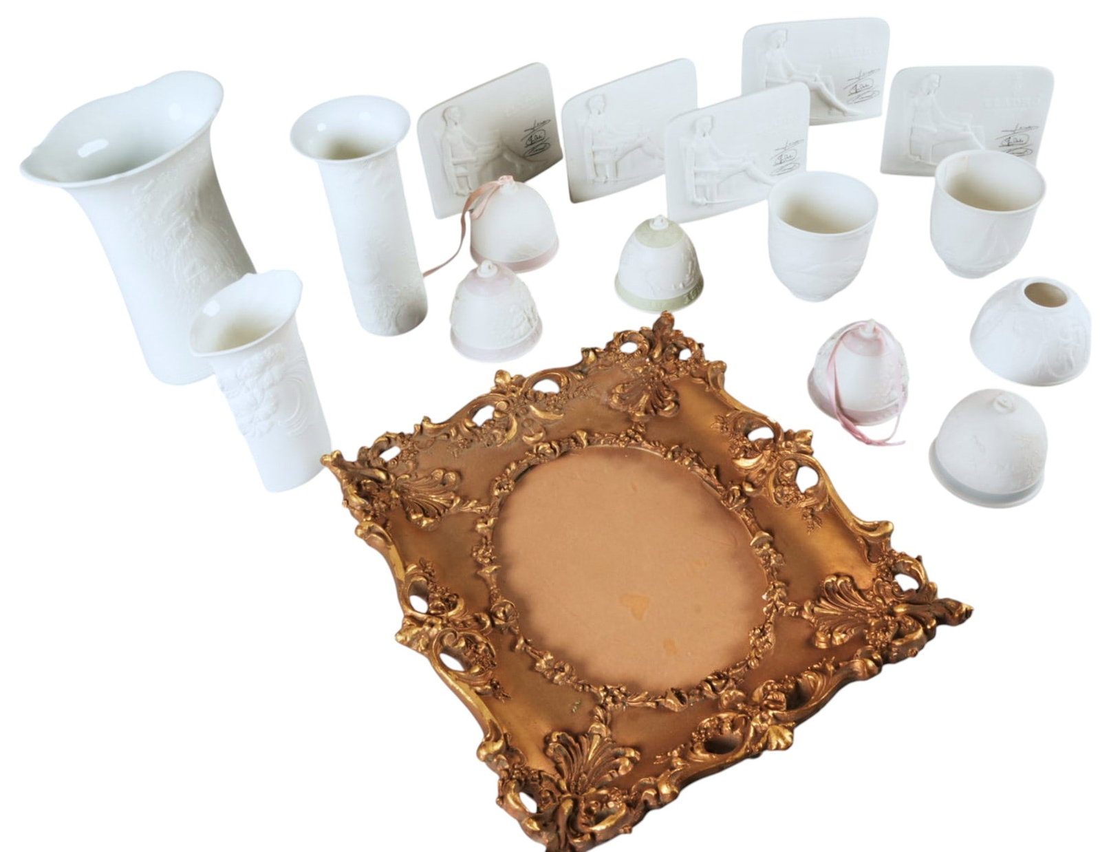 Group of Kaiser Ceramics: Group of Kaiser ceramic decor pieces including vases and plaques and decorative picture frame height 8 in. x width 6 in. x depth 4.5 in. Provenance: Property from a home in San Antonio, Texas 2 x 14