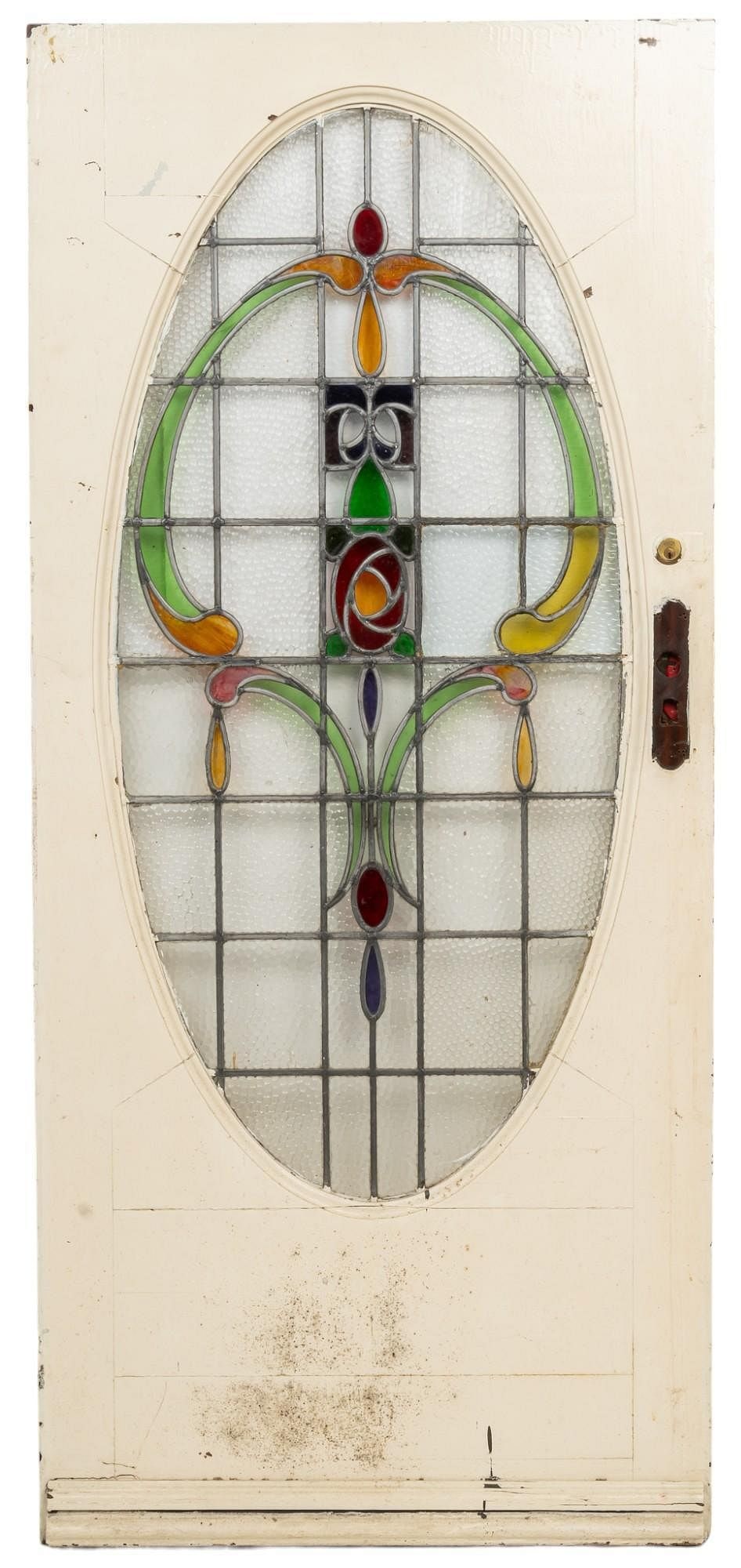 Stained Glass Door: Stained glass door with wooden frame, metal hardware and white paint remnants height 80 in. x width 37 in. x depth 2 in. Provenance: Property from a home in San Antonio, Texas