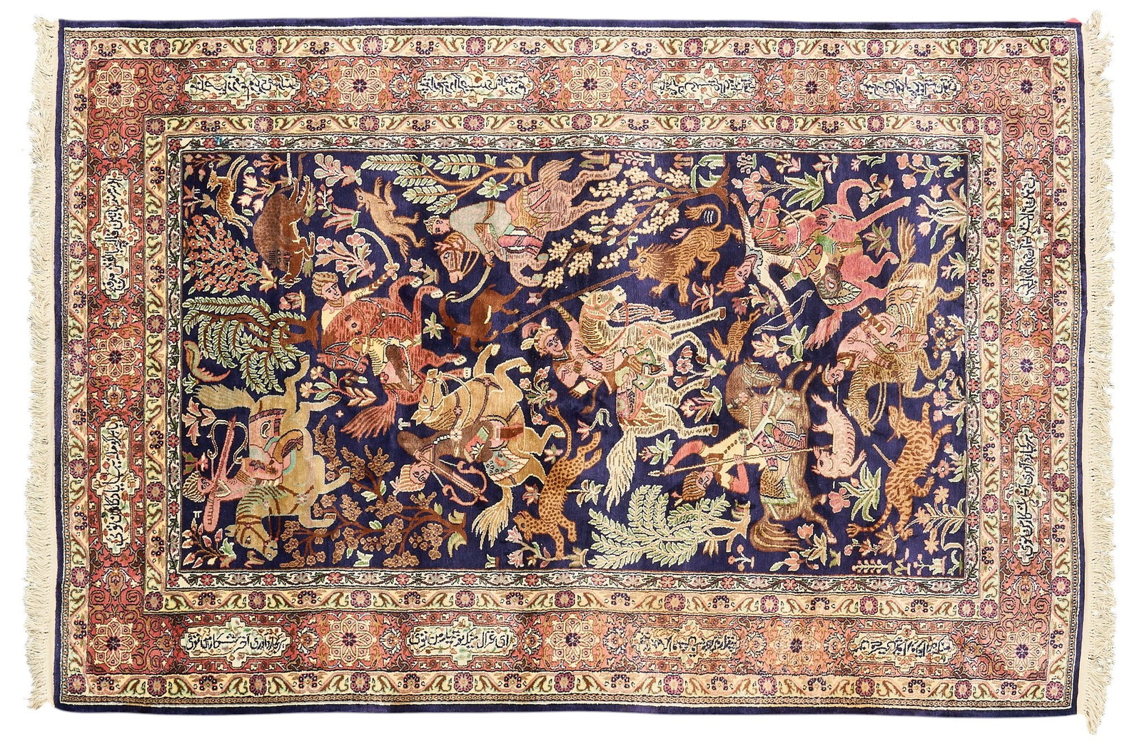 Hand-Knotted Kashmir Rug, 8 ft. 1 in. x 5 ft. 4 in.: Hand-knotted Kashmir rug with hunting scene 8 ft. 1 in. x 5 ft. 4 in. 