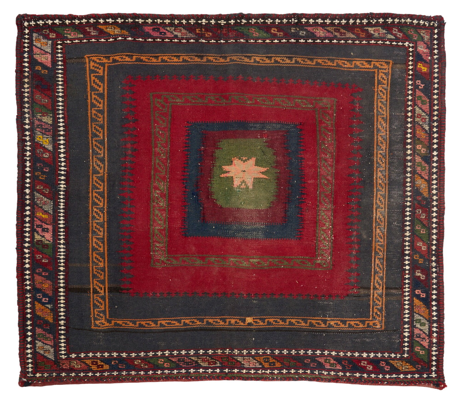 Hand-Knotted Wool Sofra, 3 ft. x 3 ft. 6 in.: Hand-knotted wool Sofra rug 3 ft. x 3 ft. 6 in. Provenance: Property from a home in Houston, Texas 