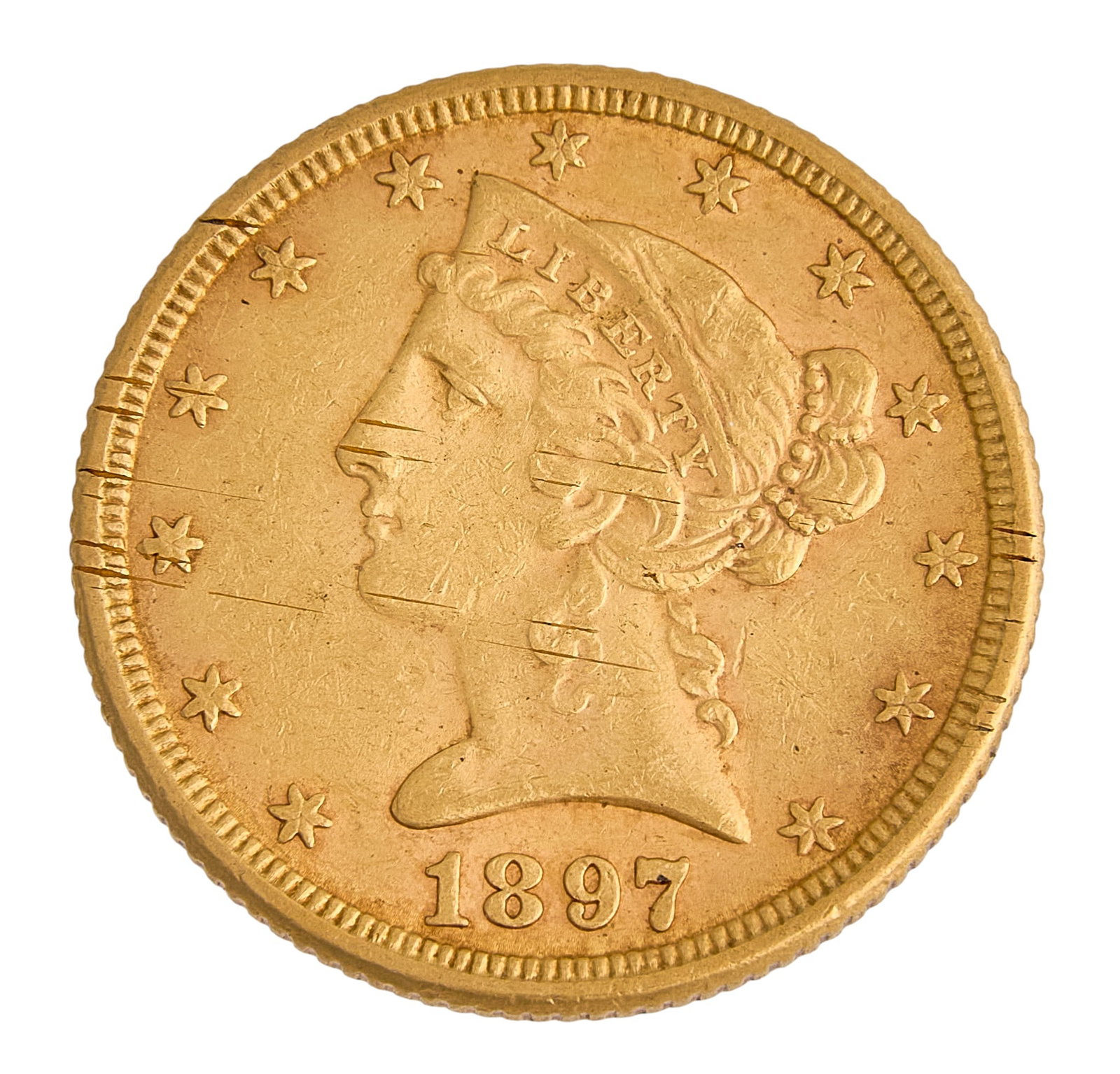 1897 $5 Liberty Head Gold Coin: 1987 $5 liberty head gold coin Total weight: 0.242 ozt Provenance: Property from an estate collection at a home in the Lincoln Heights neighborhood of San Antonio, Texas
