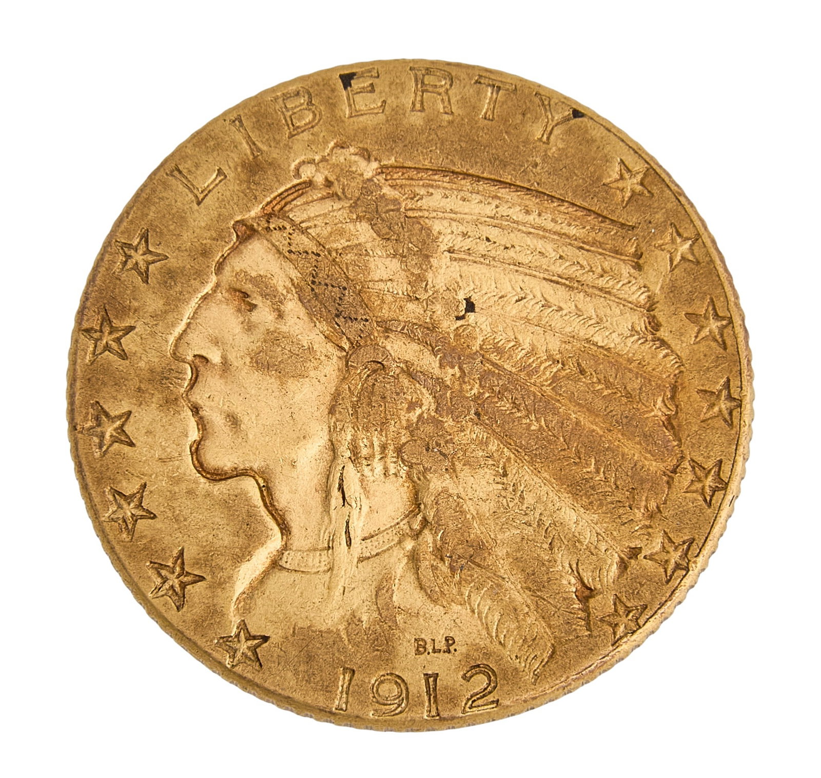 1912 $5 Indian Head Gold Coin: 1912 $5 Indian head gold coin Total weight: 0.242 ozt Provenance: Property from an estate collection at a home in the Lincoln Heights neighborhood of San Antonio, Texas