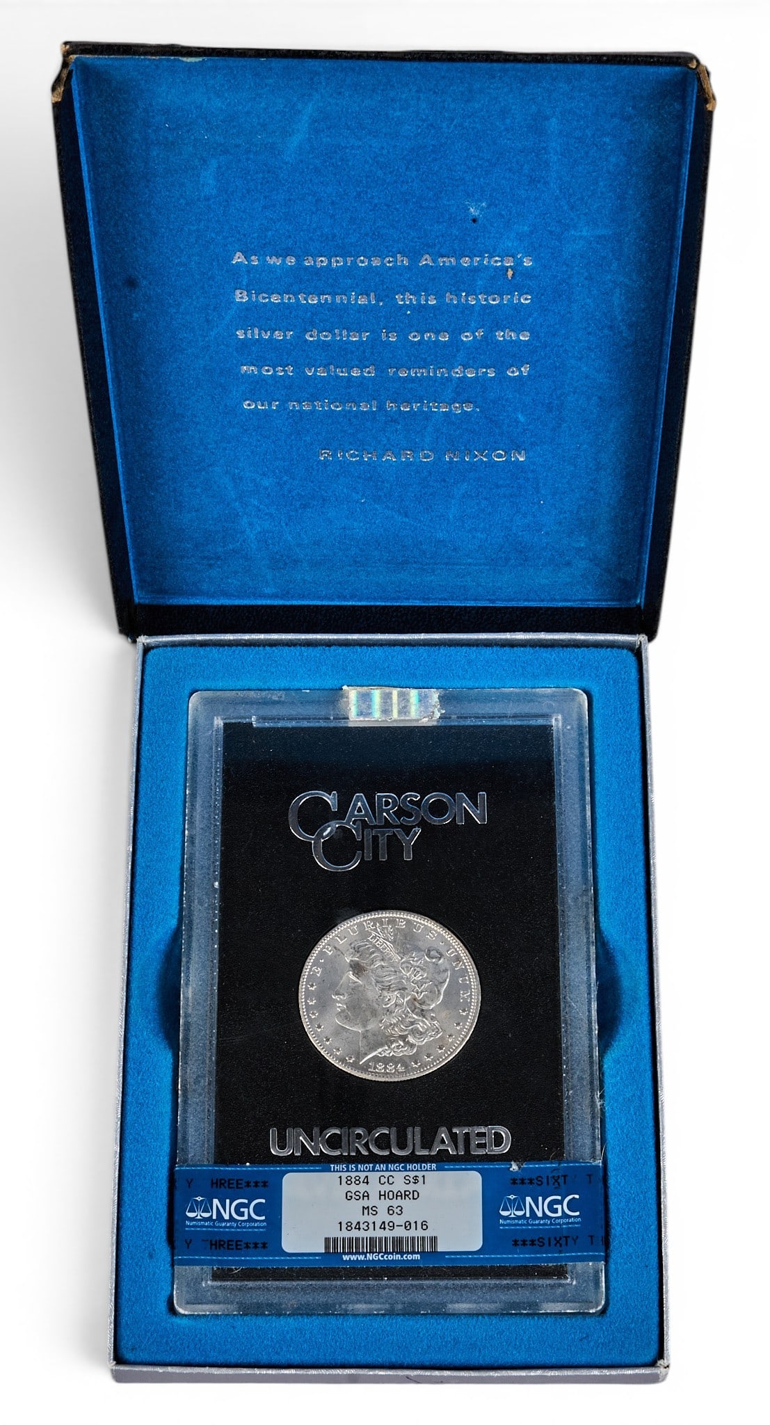 1884-CC Uncirculated Carson City Morgan Dollar: 1884-CC uncirculated Carson City Morgan dollar, in presentation case Provenance: Property from an estate collection at a home in the Lincoln Heights neighborhood of San Antonio, Texas