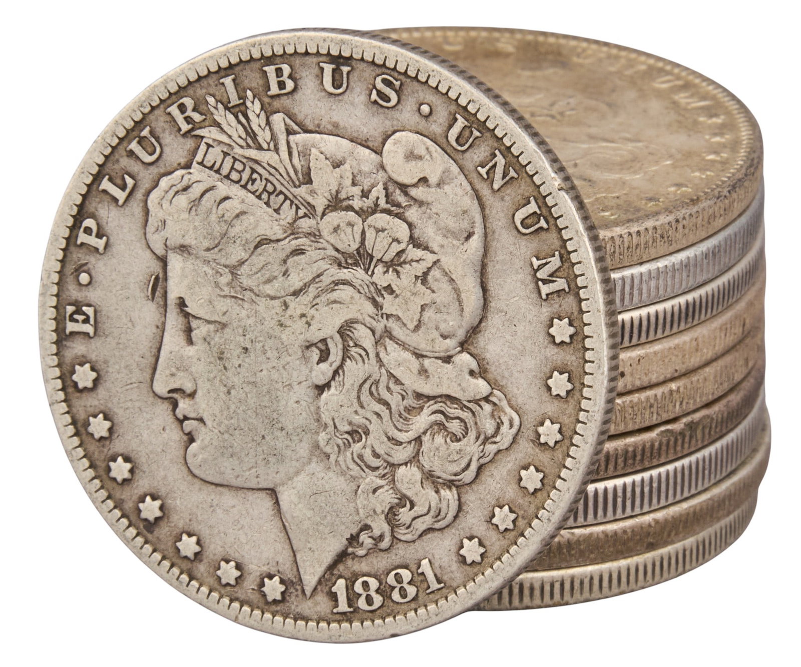 (10) Morgan Silver Dollars: Ten assorted dates Morgan silver dollars Provenance: Property from an estate collection at a home in the Lincoln Heights neighborhood of San Antonio, Texas 