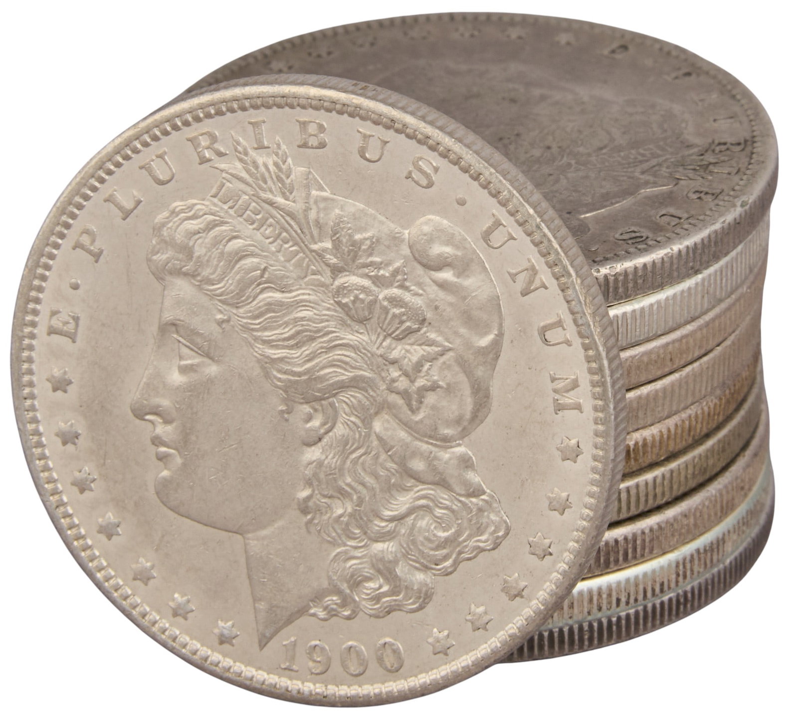 (10) Morgan Silver Dollars: Ten assorted dates Morgan silver dollars Provenance: Property from an estate collection at a home in the Lincoln Heights neighborhood of San Antonio, Texas