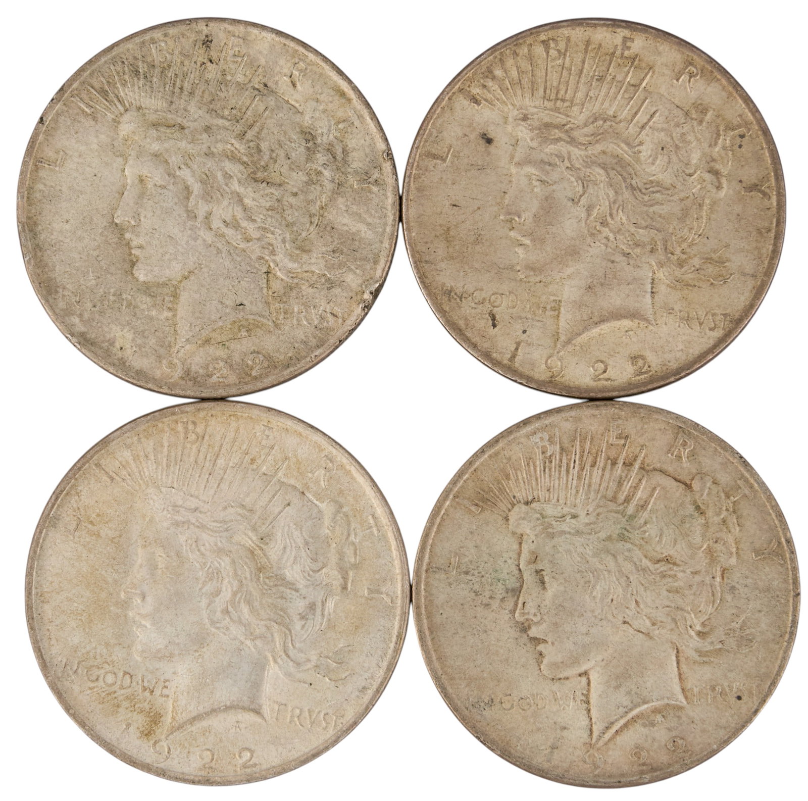 (4) Silver Peace Dollars: Four silver peace dollars Provenance: Property from a home in San Antonio, Texas