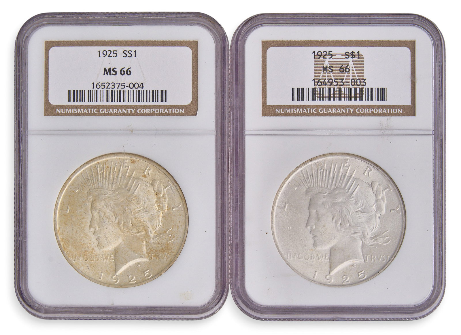 Pair of 1925 MS66 Liberty Silver Dollars: Pair of 1925 Liberty Silver Dollars, both graded MS66 by NGC Provenance: Property from a home in Cameron, Texas