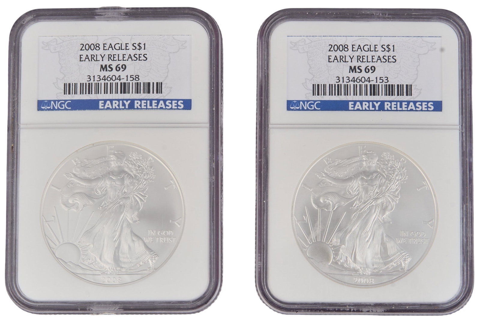 (2) 2008 MS69 Graded Silver Eagle Coins (1 of 5)