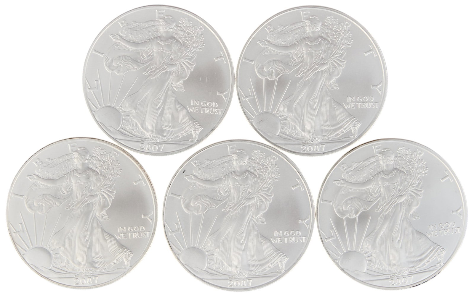 (5) Uncirculated American Silver Eagle Coins: Five uncirculated American fine silver eagle coins Provenance: Property from an estate collection at a home in the Lincoln Heights neighborhood of San Antonio, Texas