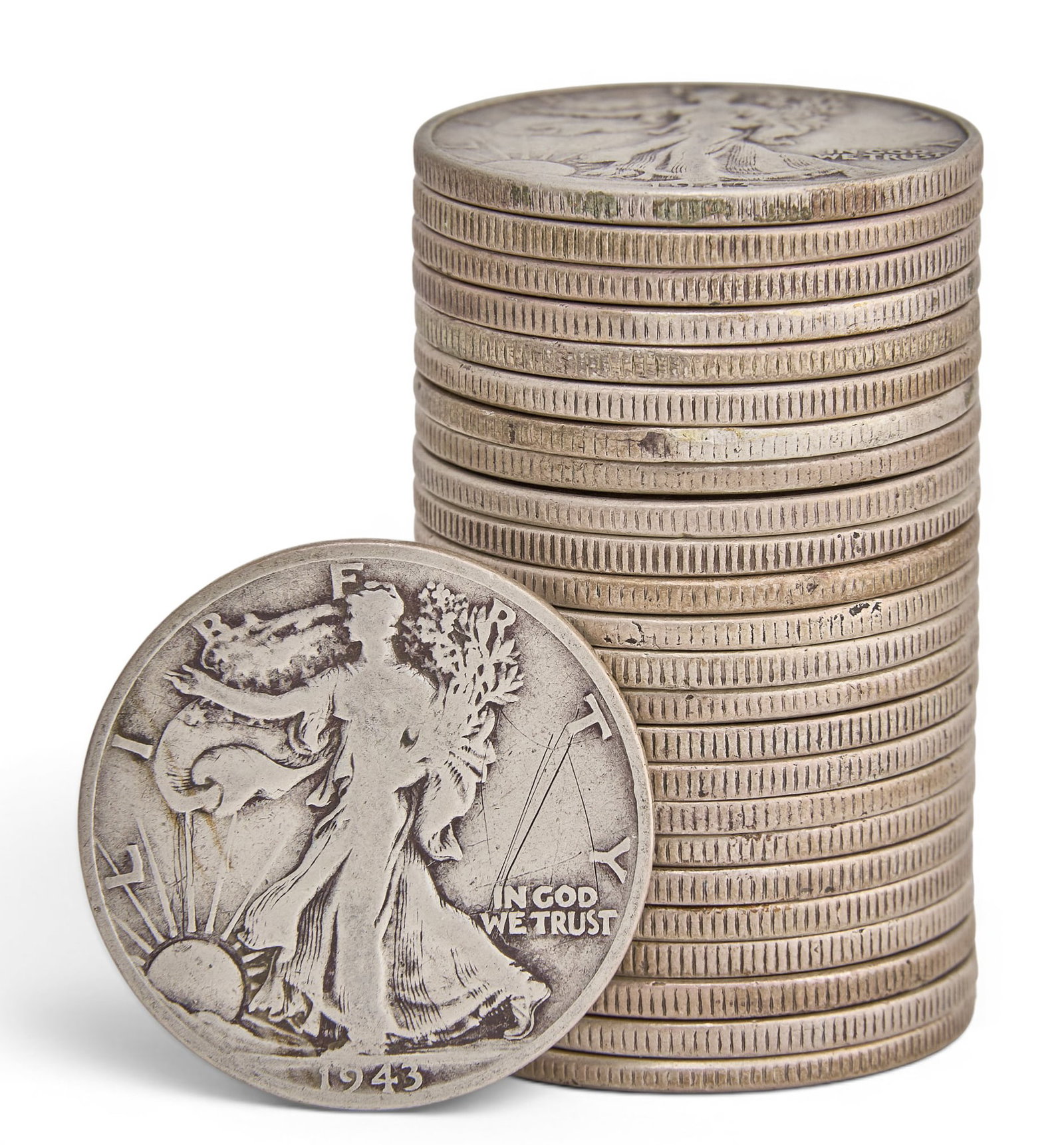 (25) Silver Walking Liberty Half Dollars: Twenty-five silver Walking Liberty half dollars Provenance: Property from the New Braunfels, Texas home of award-winning set decorator and artist Mary McIntosh 