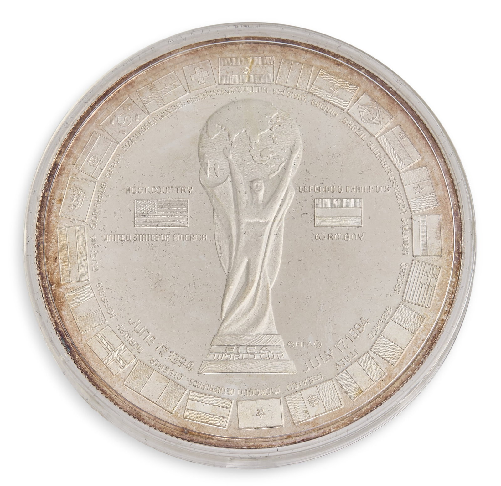1994 FIFA World Cup Commemorative Medal: Enviromint 1994 FIFA World Cup commemorative medal, limited edition, .999 fine silver, 0.5 pound, edition #13, with display case