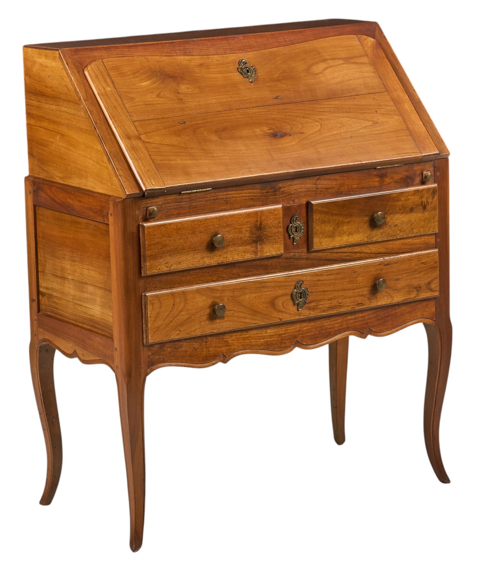 Louis XV Style Secretary: Louis XV style secretary with drop down writing surface, and three drawers, supported on saber legs height 38 in. x width 30.5 in. x depth 17 in.
