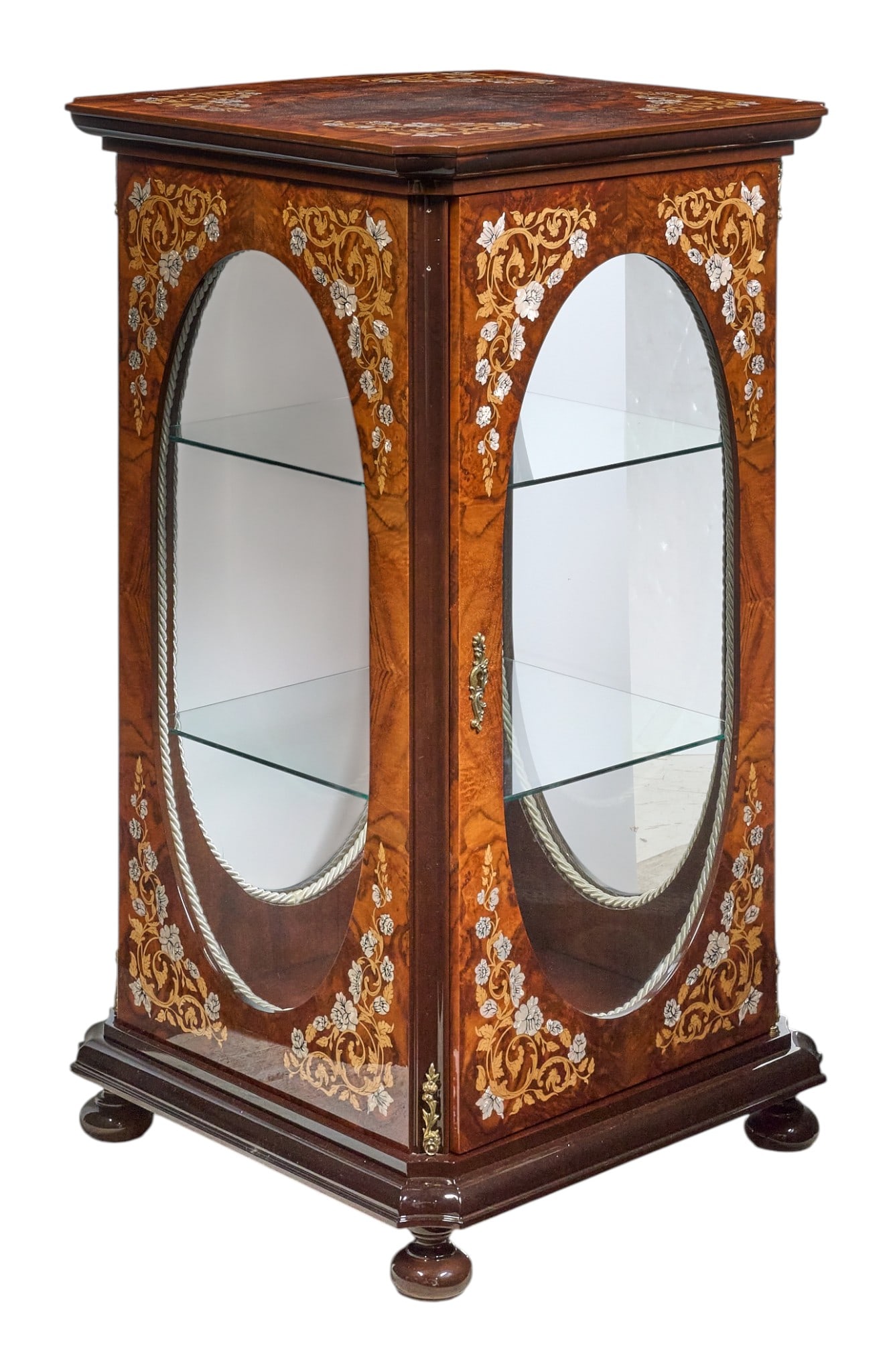 Inlaid Italian Display Cabinet: Marquetry inlaid lacquered wood Italian display cabinet with glass shelves, circa 21st century height 38 in. x width 21 in. x width 21 in.