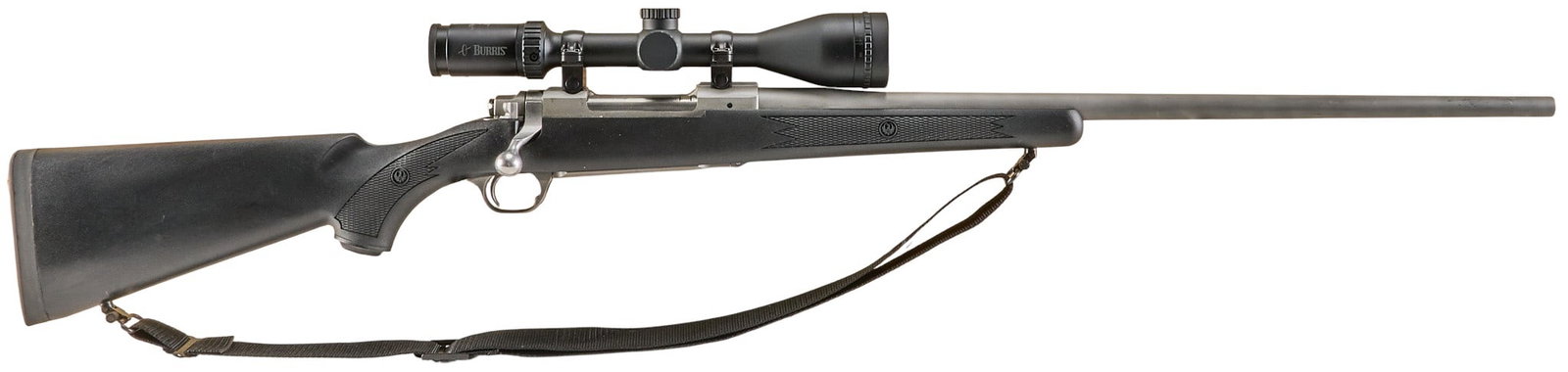 Ruger M77 Hawkeye Stainless 300 Win Mag Bolt Action Rifle W/ Burris Scope: Serial: 712-01035 Manufacturer: Ruger (c. 2014) Model: M77 Hawkeye Stainless Caliber: 300 Win Mag Barrel length: 24 in. OAL: 45 in. Condition: Very good; lightly used condition; bore is good & bri