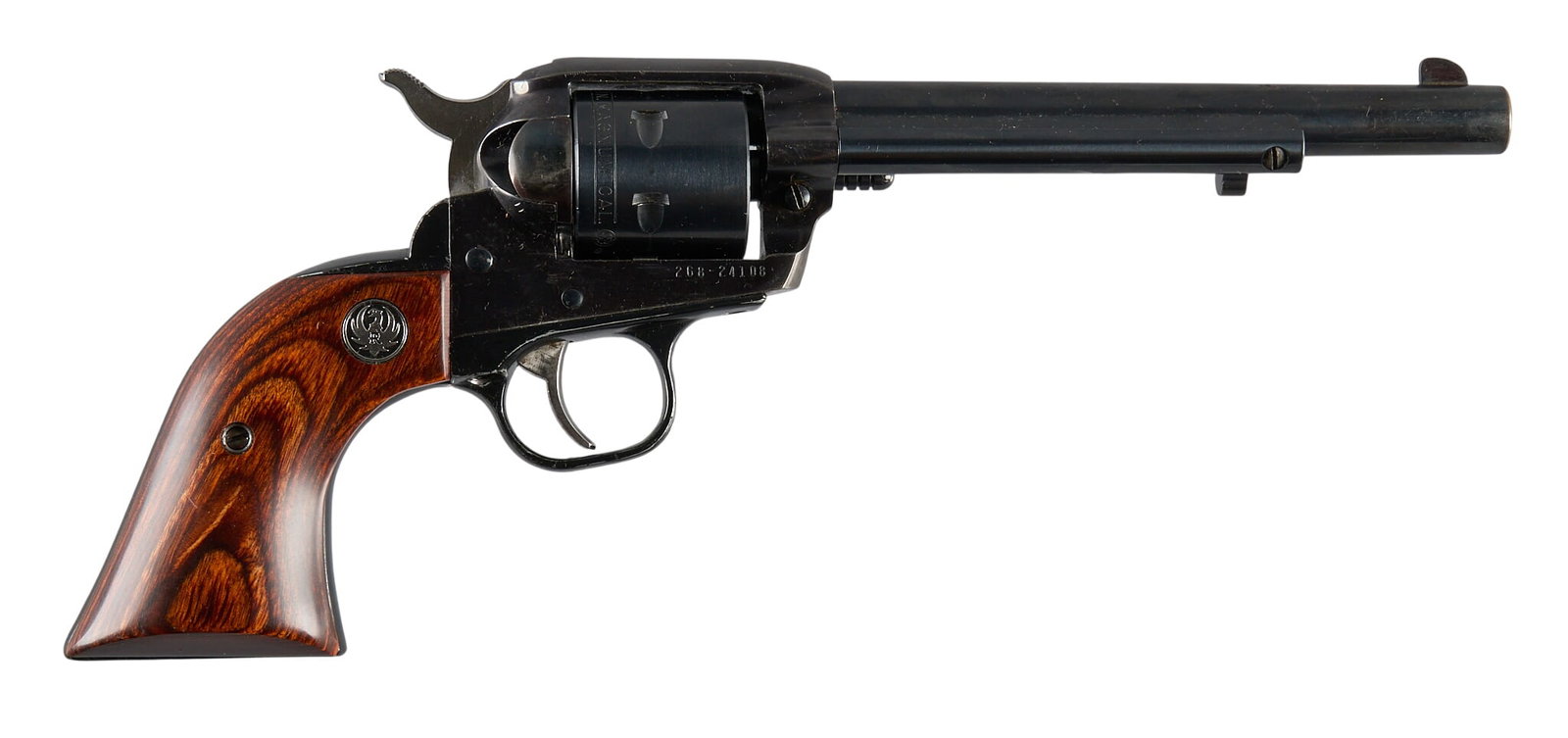 Ruger New Model Single-Six 22 LR / Mag Revolver W/ Holster: Serial: 268-24108 Manufacturer: Ruger (c. 2002) Model: New Single-Six Caliber: 22 LR / Magnum Barrel length: 6.5 in. OAL: 12 in. Condition: Good; lightly used condition; good bore Includes: factory bo