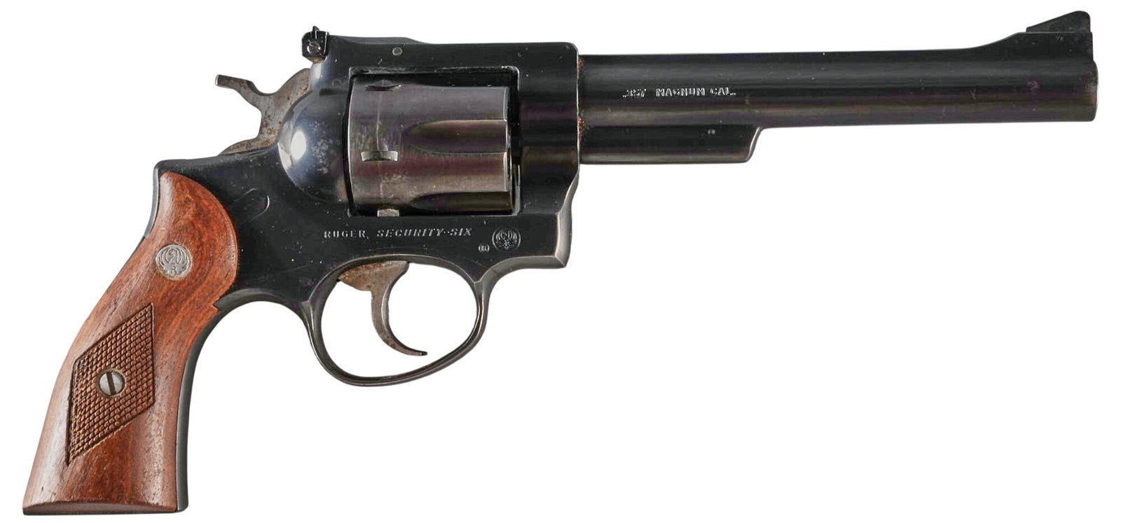 Ruger Security-Six 357 MAG Revolver: Serial: 155-17014 Manufacturer: Ruger Model: Security-Six Caliber: 357 MAG / 38Spl Barrel length: 6 in. OAL: 10.75 in. Condition: Good; light wear & handling marks throughout; sporadic light pitti