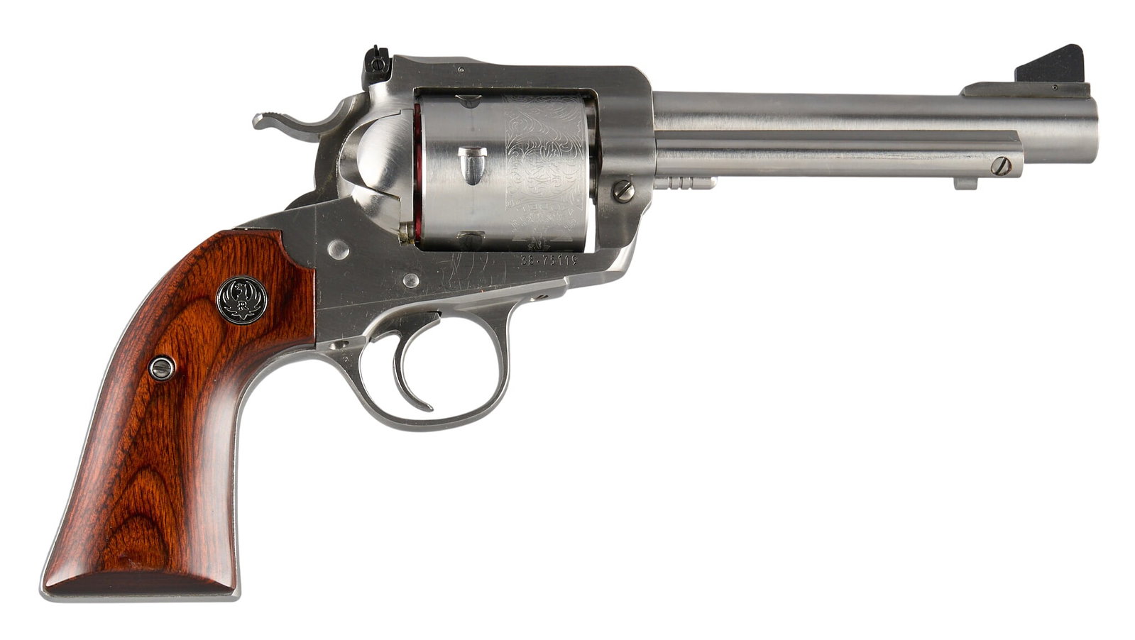 Ruger New Blackhawk Bisley 45 Long Colt Revolver W/ Holster: Serial: 38-75119 Manufacturer: Ruger (c. 2018) Model: New Blackhawk Bisley Caliber: 45 LC Barrel length: 5.5 in. OAL: 11 in. Condition: Very good; very lightly used condition; good bore Includes: fact