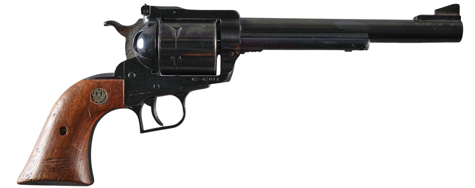 Ruger New Model Super Blackhawk 44 Magnum Revolver: Serial: 82-42044 Manufacturer: Ruger Model: New Super Blackhawk Caliber: 44 Magnum Barrel Length: 7.5 in. OAL: 14 in. Condition: Good; moderately used condition; light-moderate wear; bore is good &