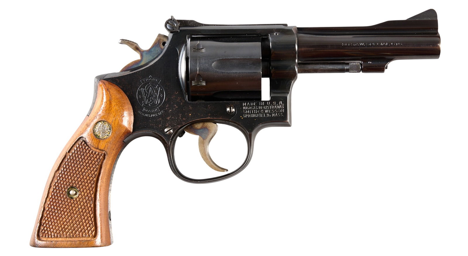Smith & Wesson Model 15-3 38 Spl Revolver: Serial: K907763 Manufacturer: Smith & Wesson Model: 15-3 Caliber: 38Spl Barrel Length: 4 in. OAL: 9 in. Condition: Good; some light wear & handling marks; light cylinder drag; bore is br