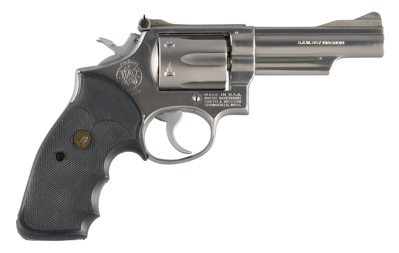 Smith & Wesson Model 66 357 Magnum Revolver W/ Holster: Serial: 4K58160 Manufacturer: Smith & Wesson (c. 1971) Model: 66 Caliber: 357 Magnum Barrel length:4 in. OAL: 9.25 in. Condition: Good; light-moderate used condition; light scratches/wear; good bo