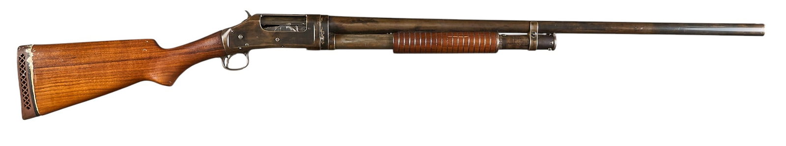 Winchester Model 97 12 Gauge Pump Action Shotgun: Serial: 788873 Manufacturer: Winchester (c. 1928) Model: 97 Caliber: 12 Gauge Barrel length: 30 in. OAL: 49.5 in. Condition: Fair; wood stock & pump grip have light wear on refinish; barrel & 