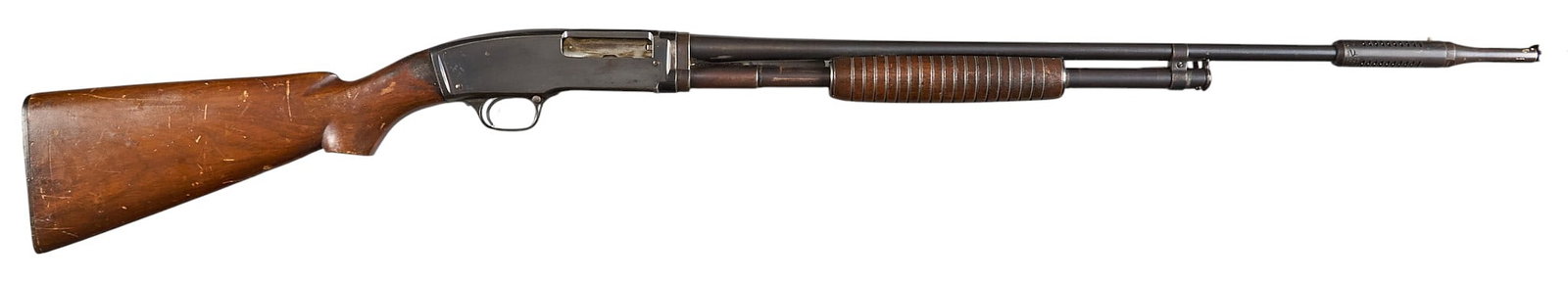 Winchester Model 42 410 Bore Pump Action Shotgun: Serial: 54130 Manufacturer: Winchester (c. 1946) Model: 42 Caliber: 410 (3 in.) Barrel Length: 27.5 in. (with Cutts; Full) OAL: 46.75 in. Condition: Good; light wear & handling marks throughout; f