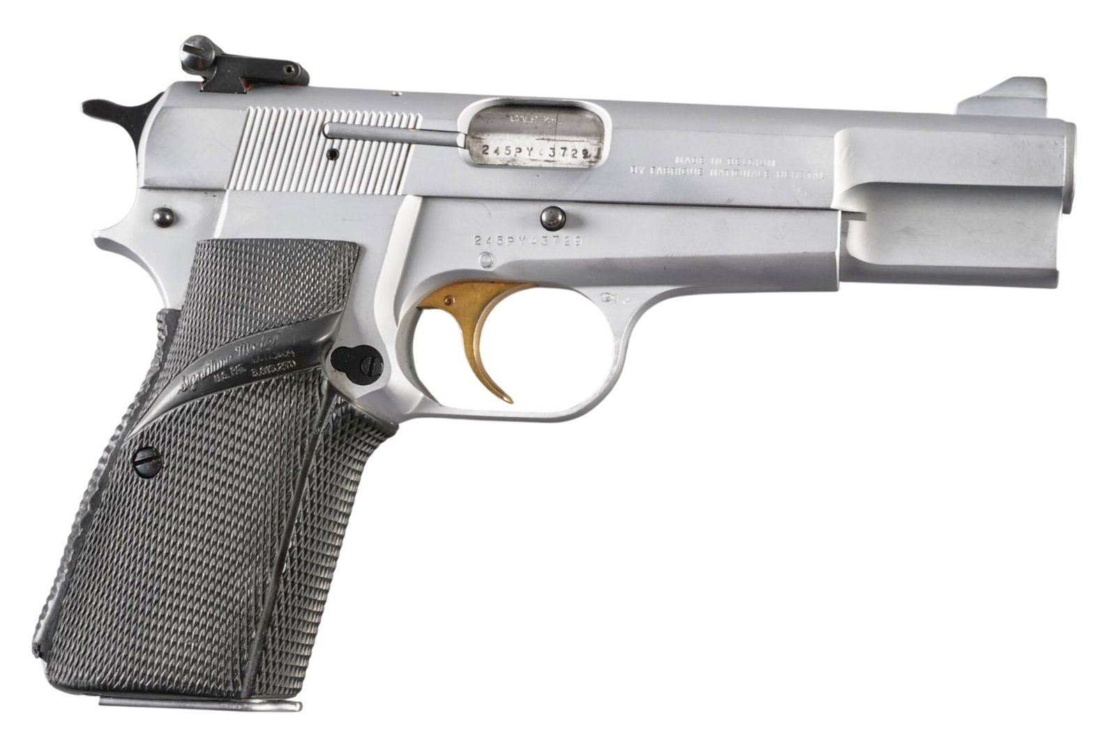 FN Browning Hi Power 9mm Semi Auto Pistol: Serial: 245PY43729 Manufacturer: FN-Belgium / Browning Model: Hi Power Caliber: 9mm Barrel Length: 4.75 in. OAL: 7.5 in. Condition: Good; some light wear & handling marks; isolated pitting on slid