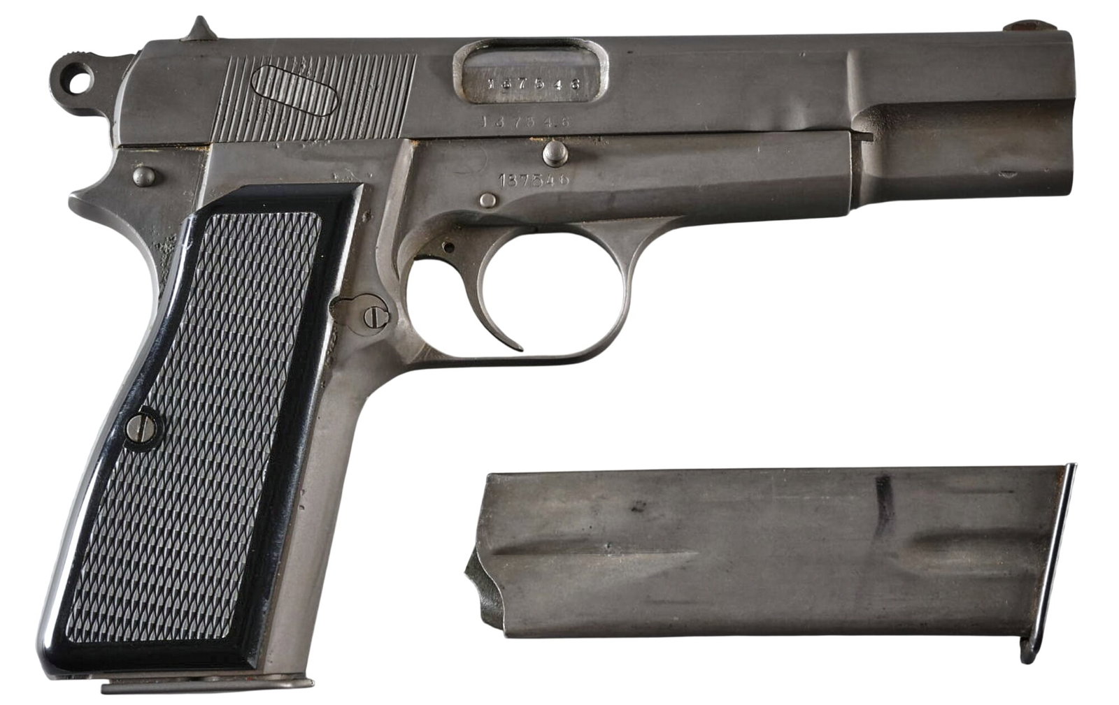FN High Power 9mm Semi Auto Pistol: Serial: 137546 Manufacturer: FN-Belgium Model: High Power Caliber: 9mm Barrel Length: 4.75 in. OAL: 7.75 in. Condition: Fair/Good-refinished; mostly light wear & handling marks with some lig