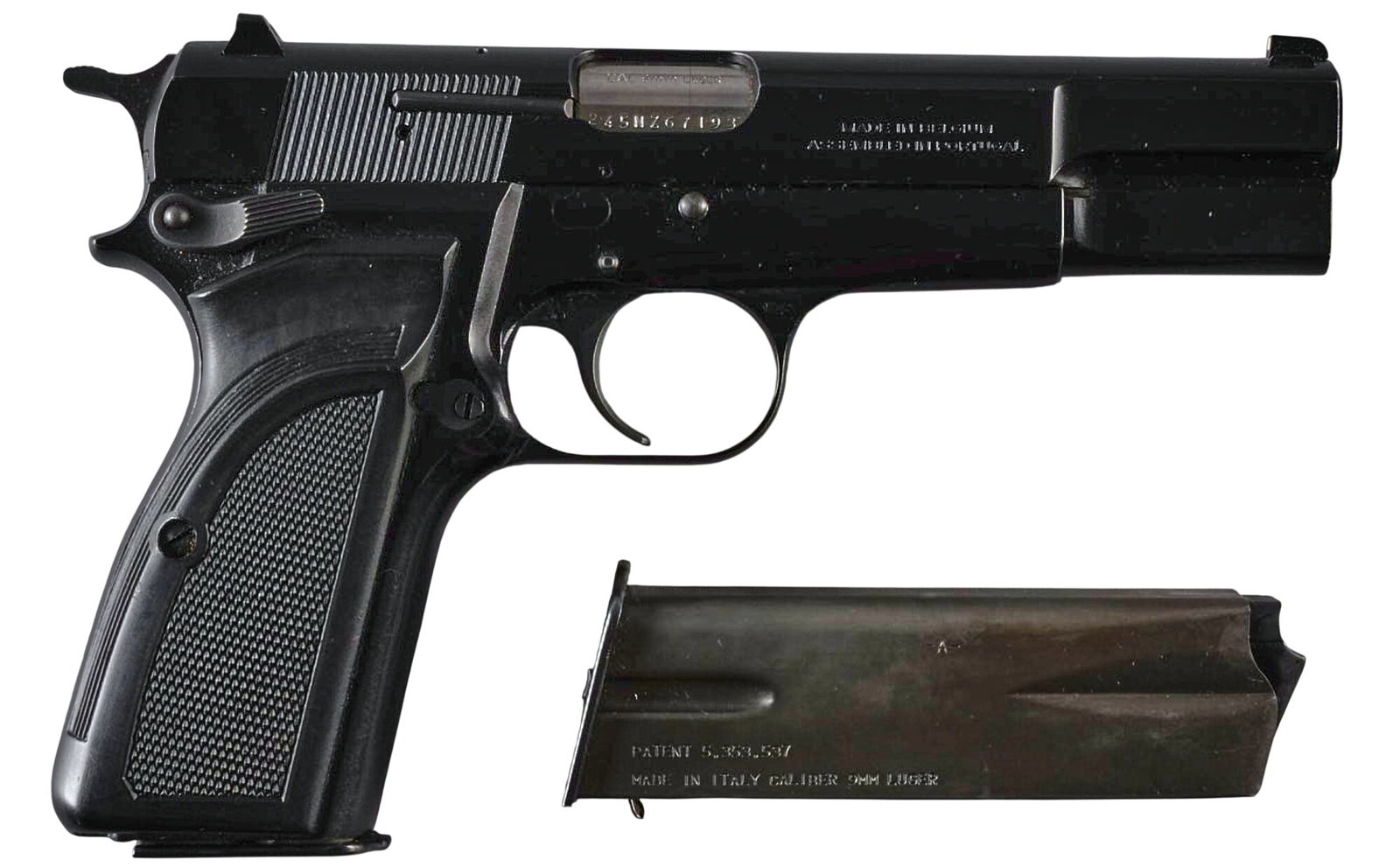 FN Browning Hi Power 9mm Semi Auto Pistol: Serial: 245NZ67193 Manufacturer: FN-Belgium / Browning (assembled in Portugal) (c. 1991) Model: Hi Power Caliber: 9mm Barrel Length: 4.75 in. OAL: 7.5 in. Condition: Very Good; very light wear & h