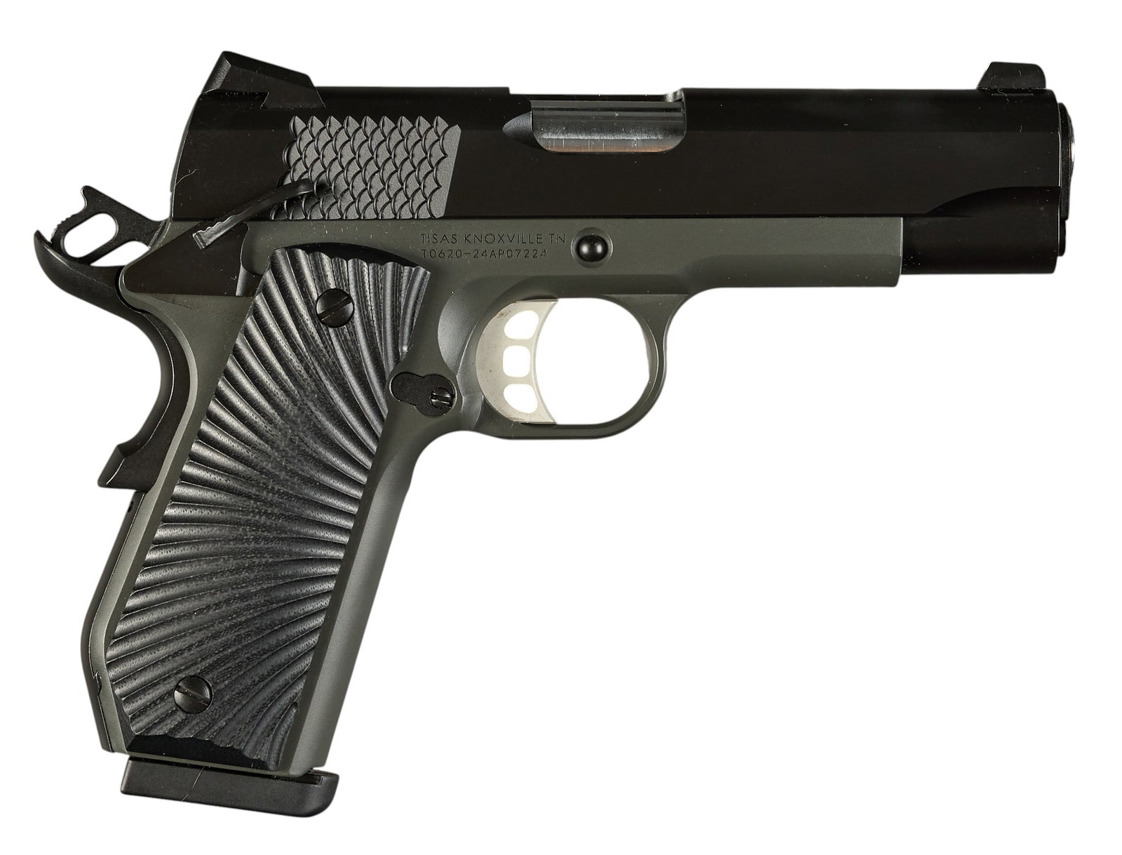 Tisas Carry 1911 45 ACP Semi Auto Pistol: Serial: T0620-24AP07224 Manufacturer: Tisas-Turkey / Tisas-Knoxville, TN Model: 1911 Carry Caliber: 45 ACP Barrel Length: 4.25 in. OAL: 7.75 in. Condition: Very good-like new; very light handling mark