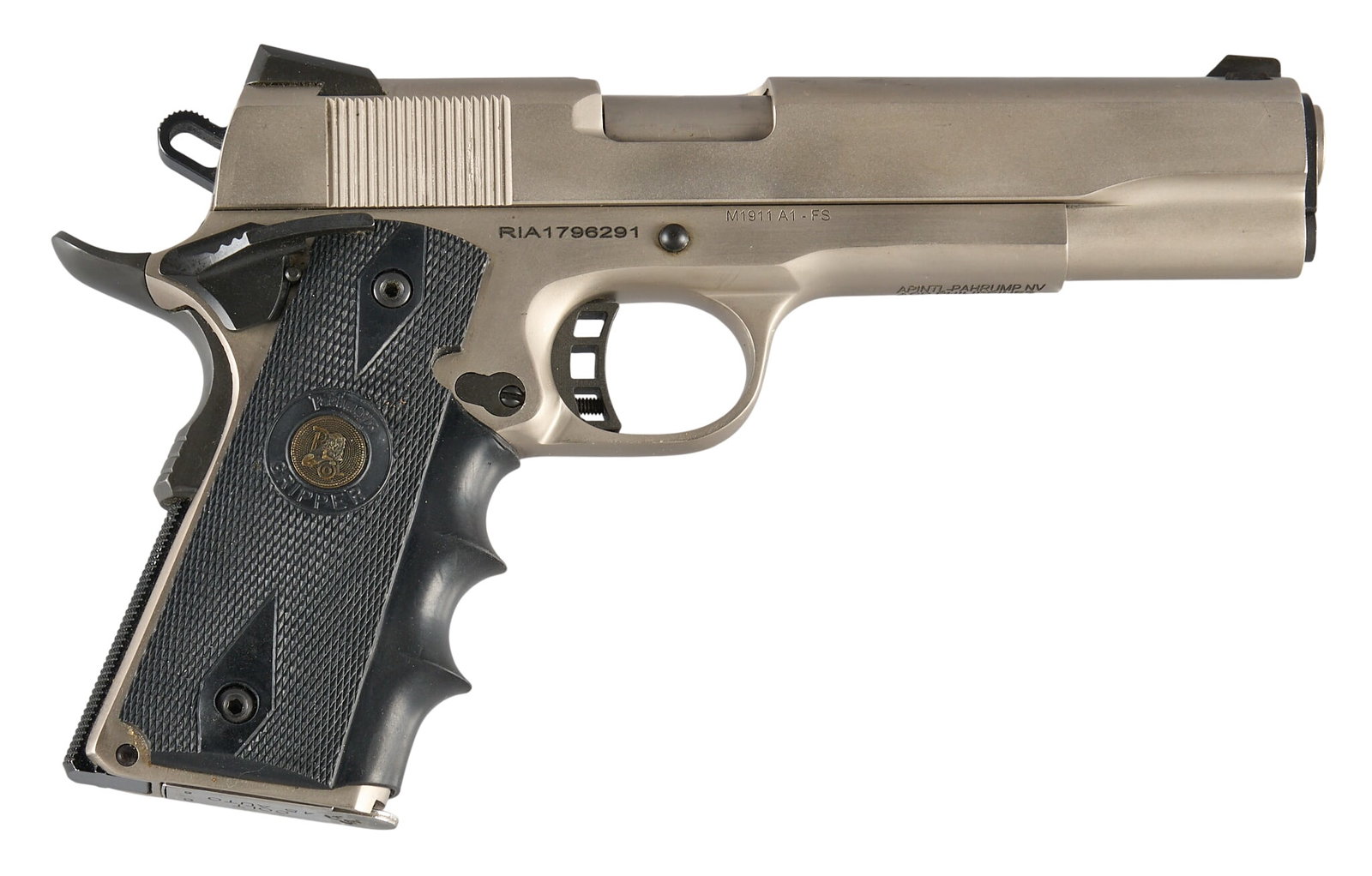 Rock Island Armory M1911 A1-FS 45 ACP Semi Auto Pistol W/ Holster: Serial: RIA1796291 Manufacturer: Apintl-Pahrump-Philippines / Rock Island Armory Model: M1911 A1-FS Caliber: 45 ACP Barrel length:5 in. OAL: 9 in. Condition: Good; lightly used condition; good bore In