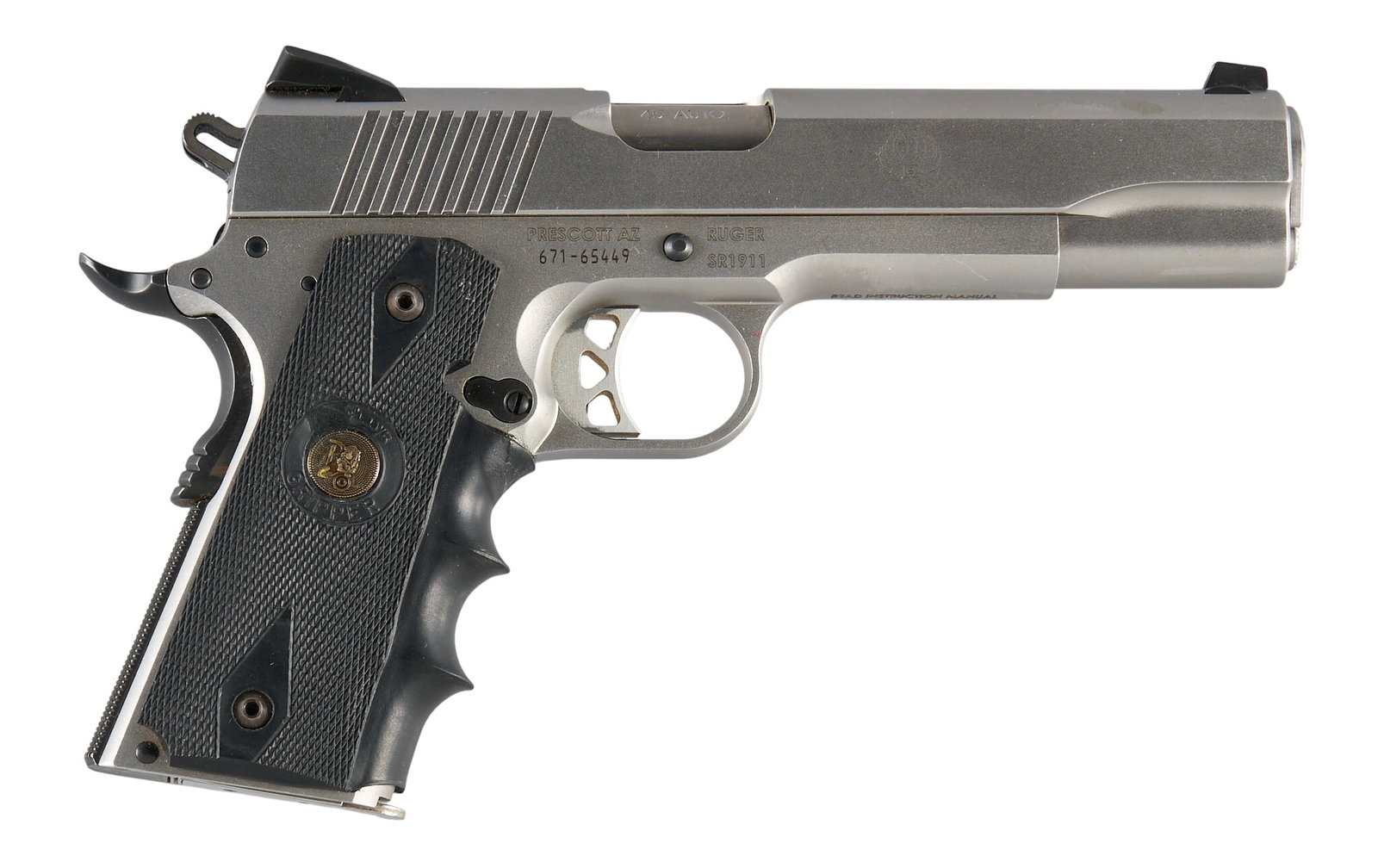 Ruger SR1911 Stainless 45 ACP Semi Auto Pistol: Serial: 671-65449 Manufacturer: Ruger Model: SR1911 Caliber: 45 ACP Barrel length: 5 in. OAL: 8.75 in. Condition: Good; light-moderately used; good bore Includes: factory box w/ manual & lock; fac